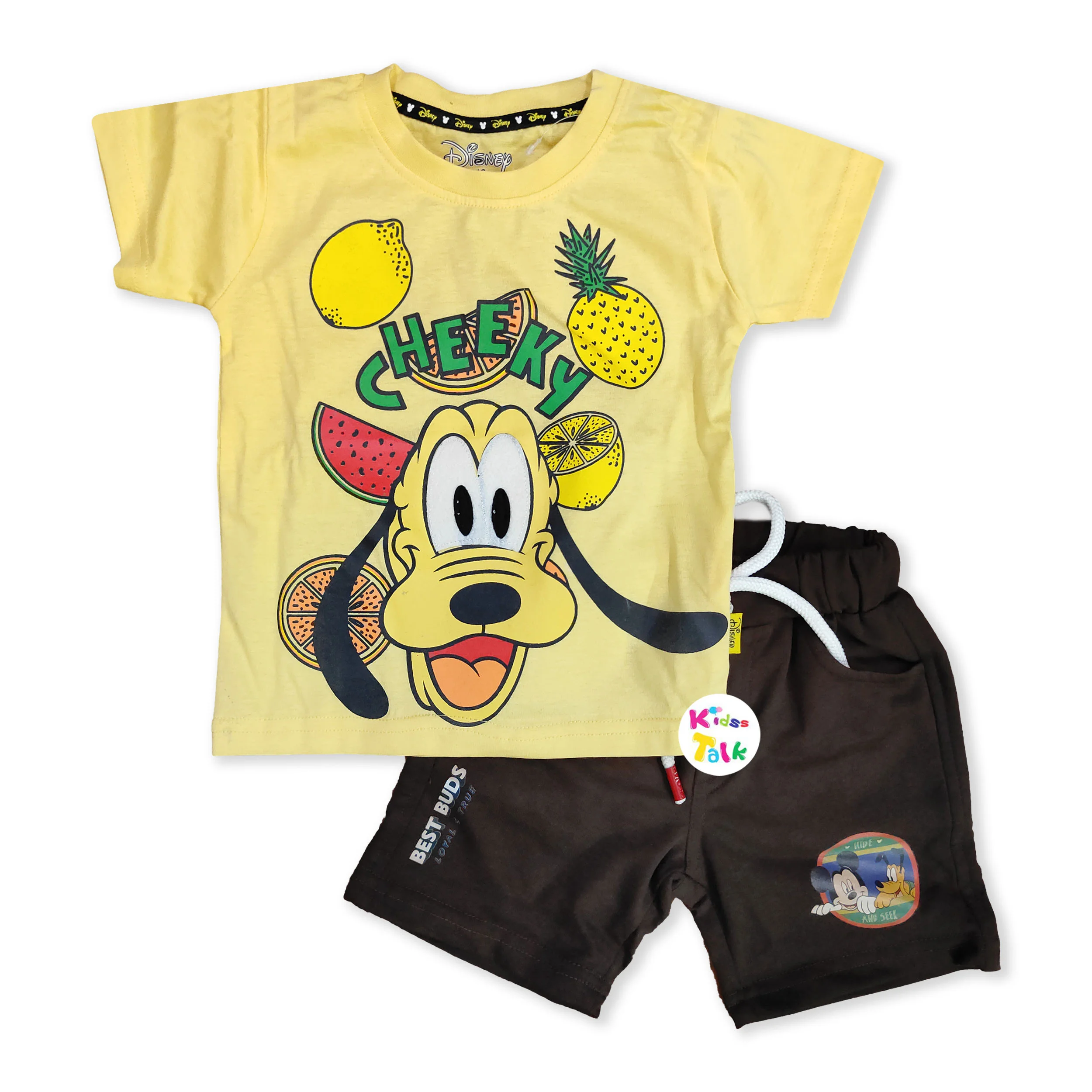 Cotton Knitted Half Sleeve T-shirt Set With Cute Print - Lemon Yellow