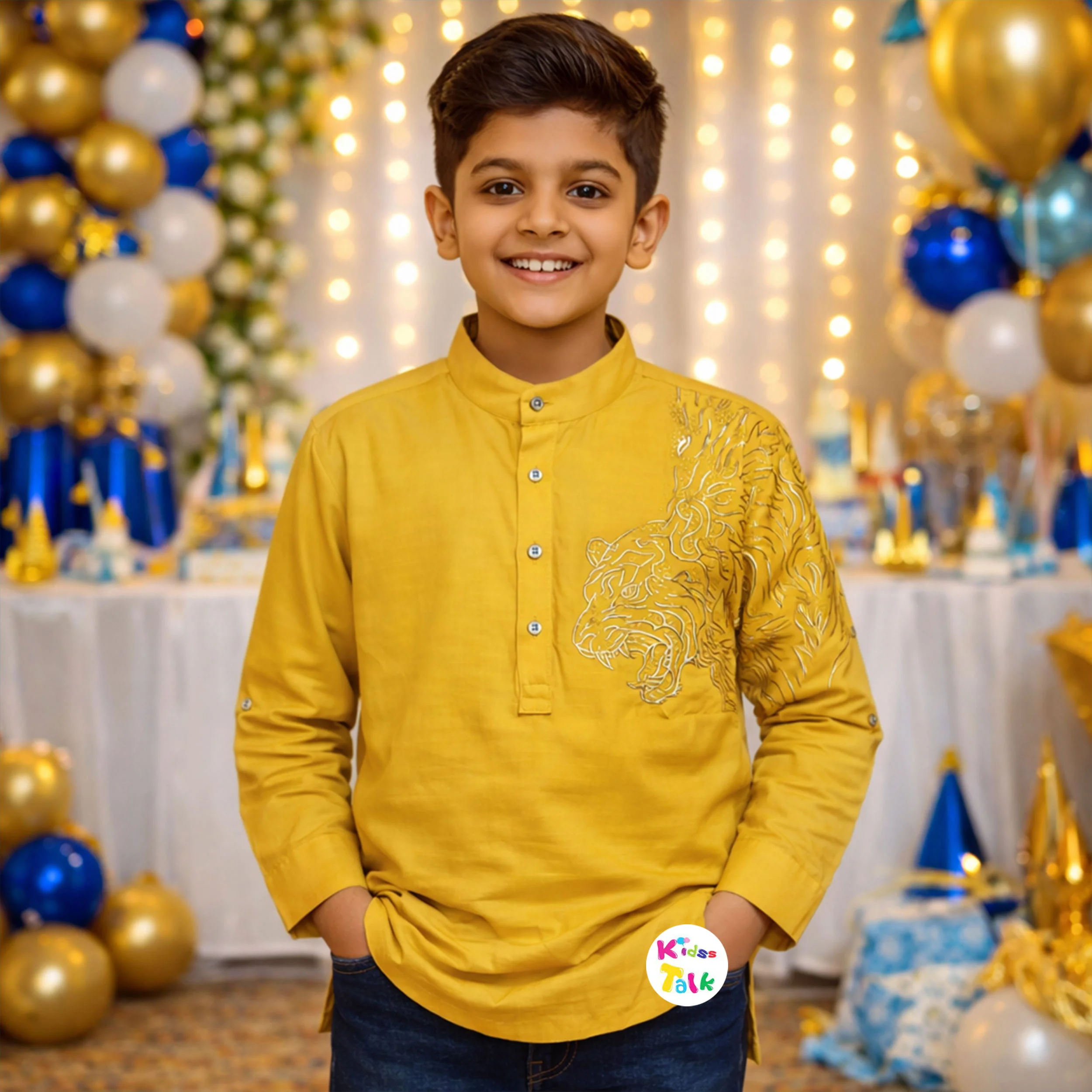 Cotton Full Sleeve Party Shirt With One Side Printed - Mustard