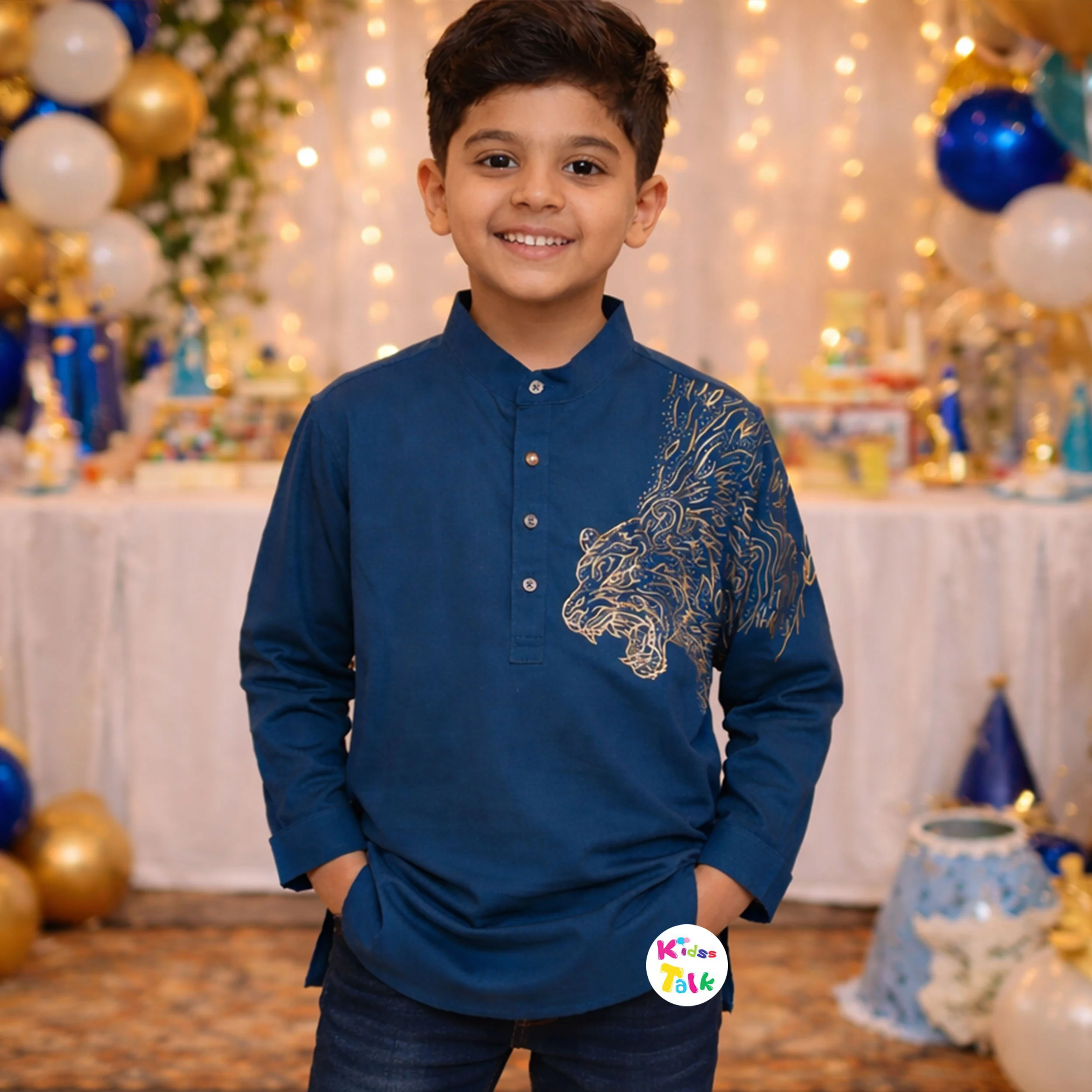 Cotton Full Sleeve Party Shirt With One Side Printed - Navy Blue