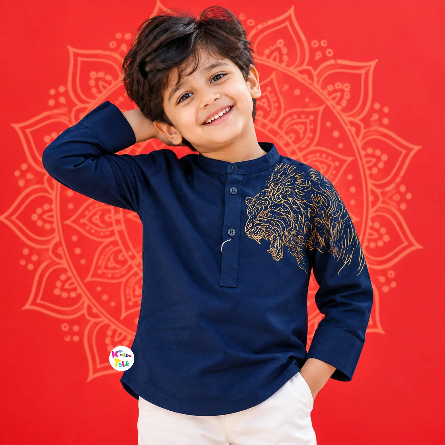 Cotton Full Sleeve Party Shirt With One Side Printed - Navy Blue