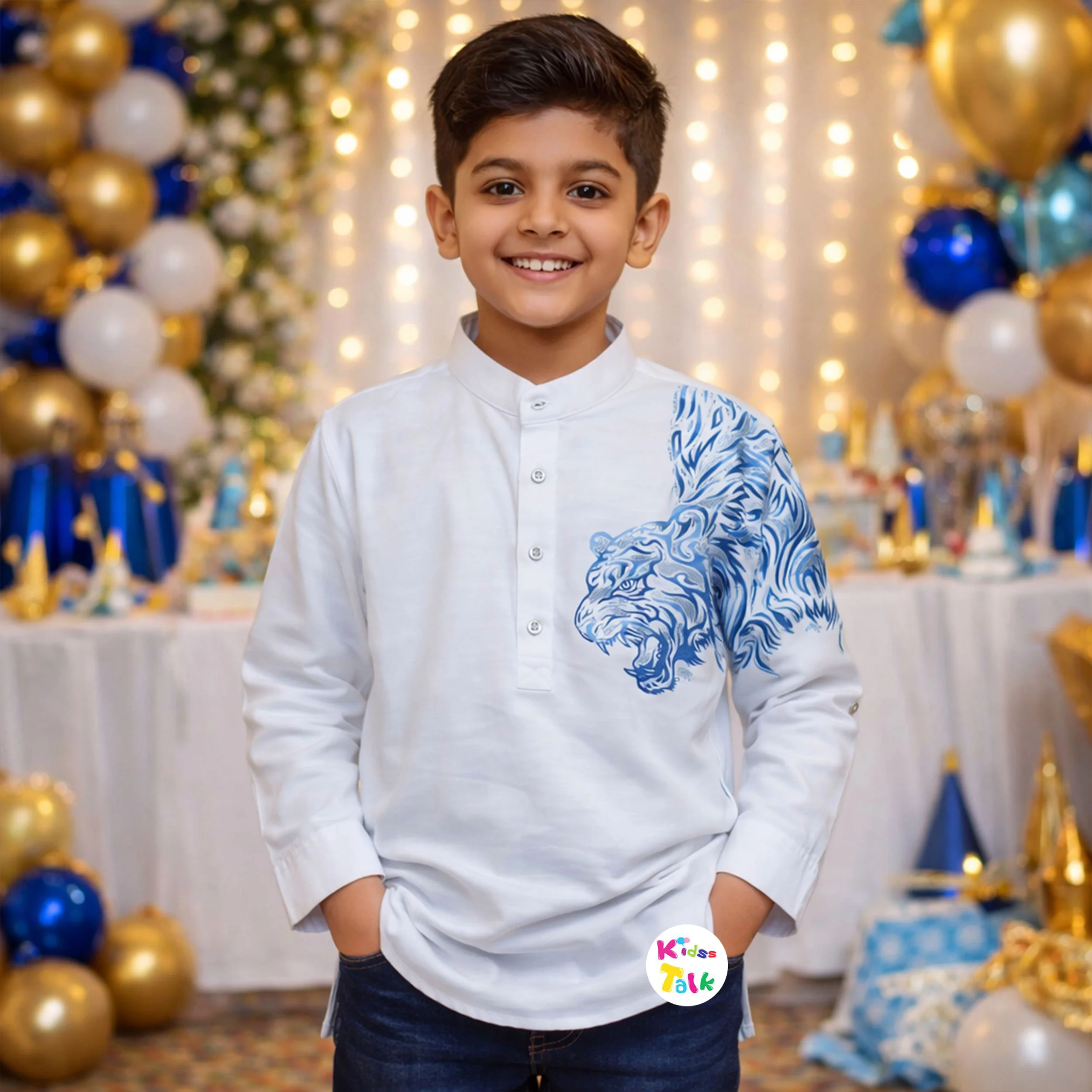 Cotton Full Sleeve Party Shirt With One Side Printed - White