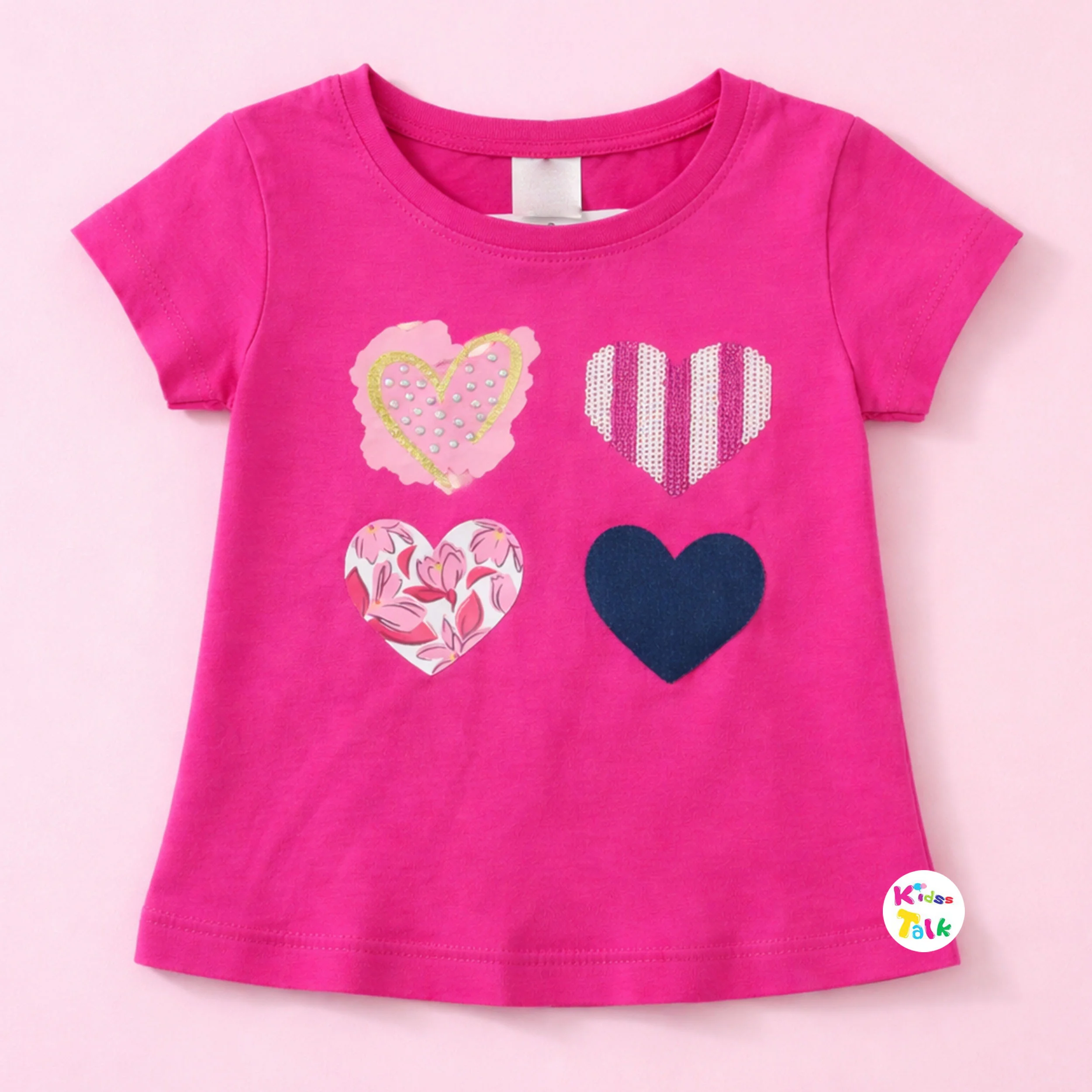 Cotton Knitted Half Sleeve T-shirt With Cute Print - Hot Pink
