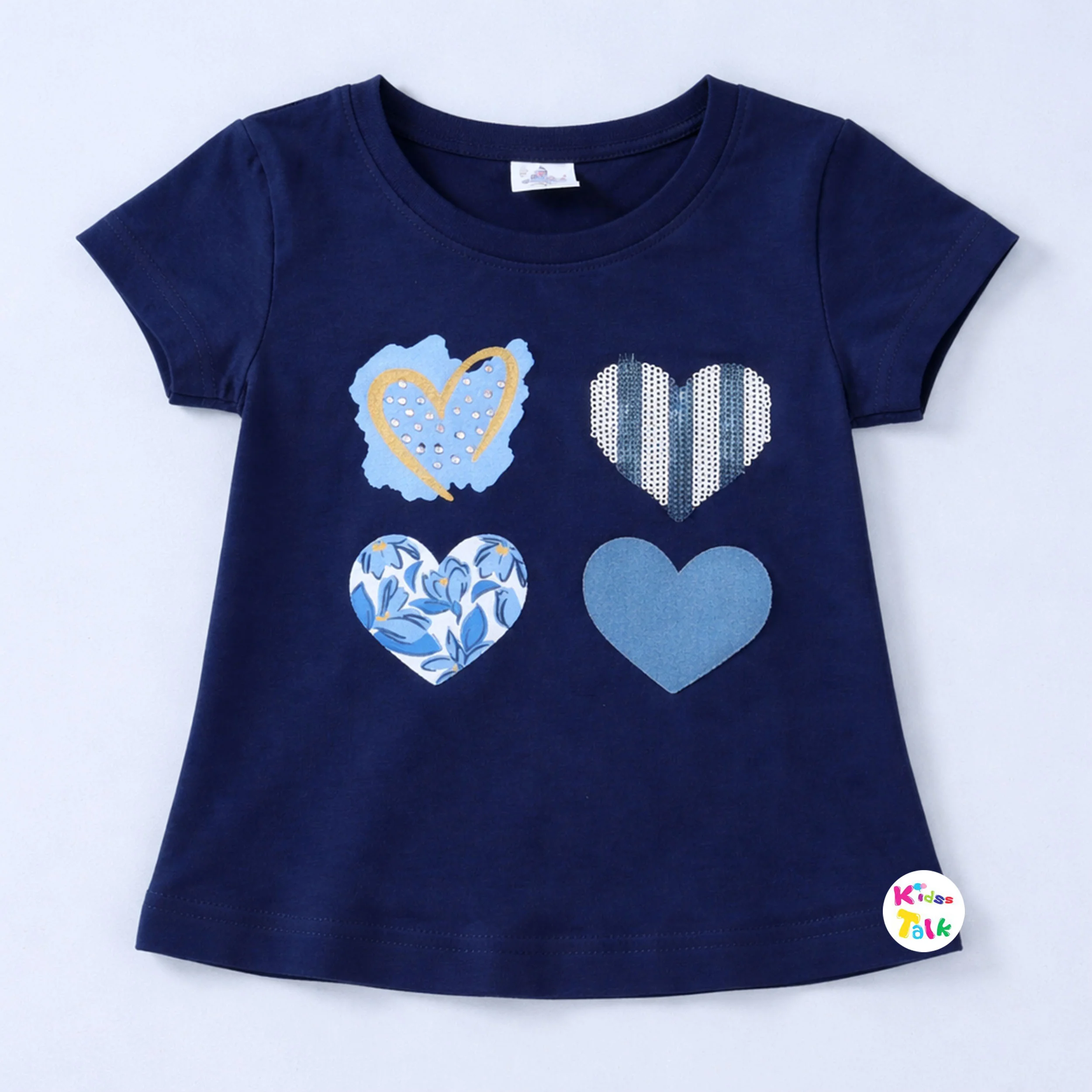 Cotton Knitted Half Sleeve T-shirt With Cute Print - Navy Blue