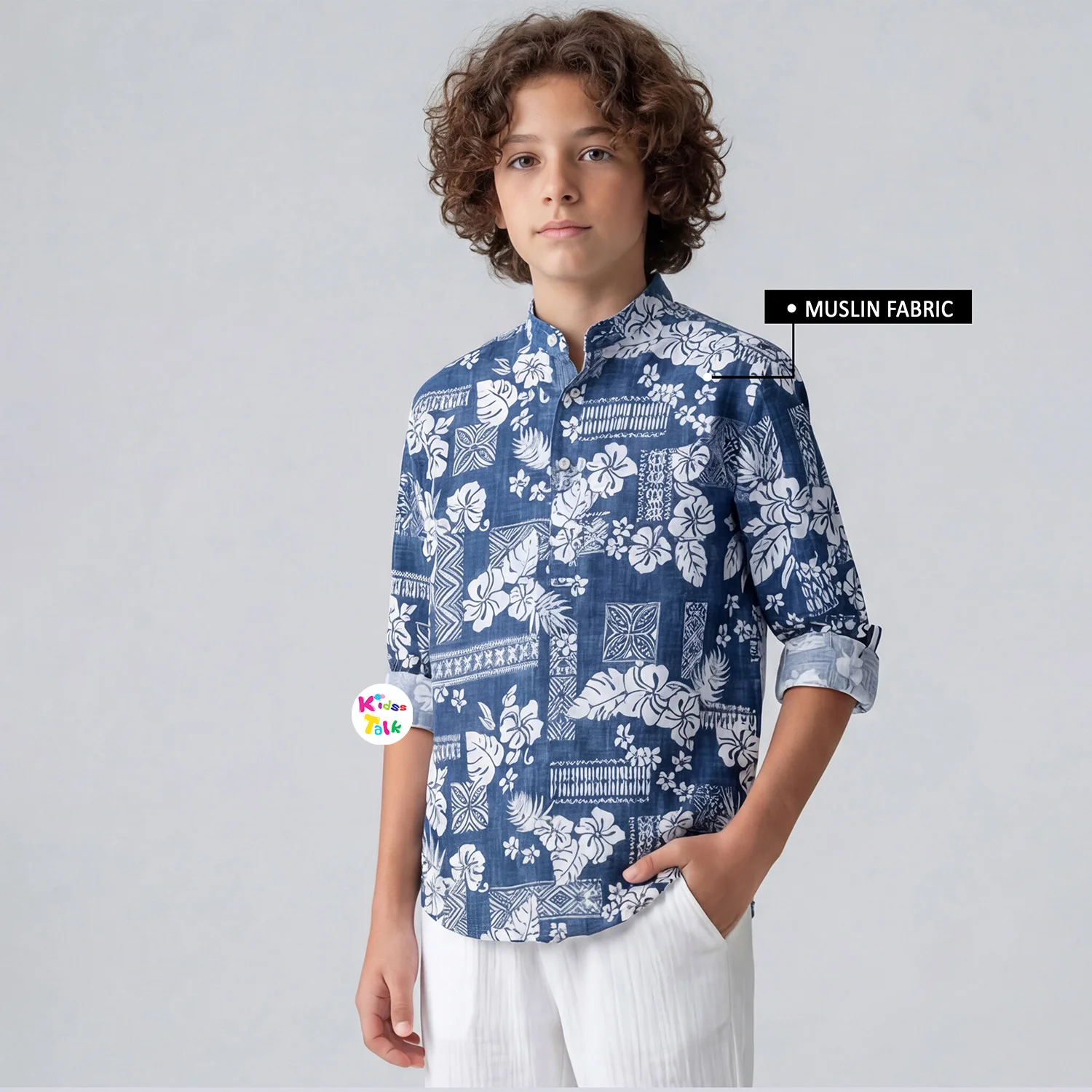 Muslin Full Sleeve Shirt With Cute Tropical Print - Navy Blue