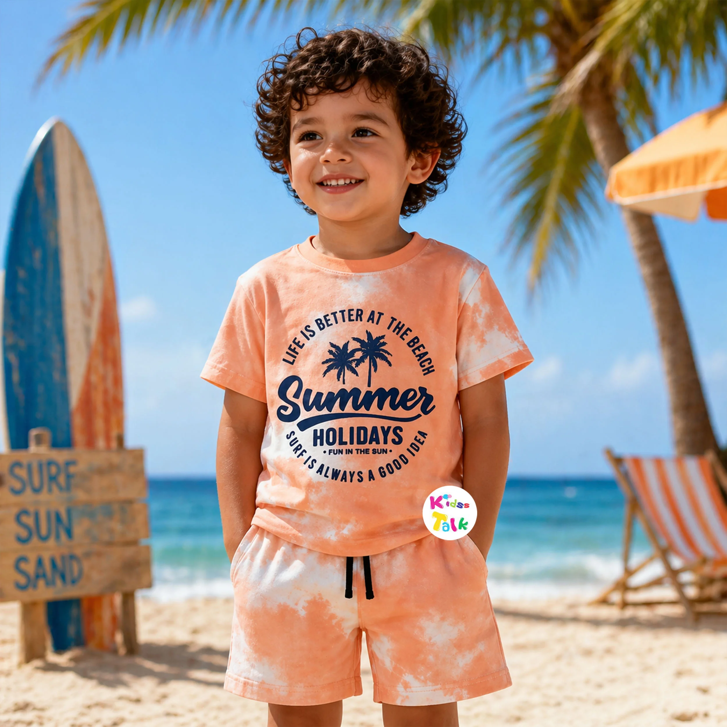 Cotton Knitted Half Sleeve T-shirt Set With Cute Print - Orange