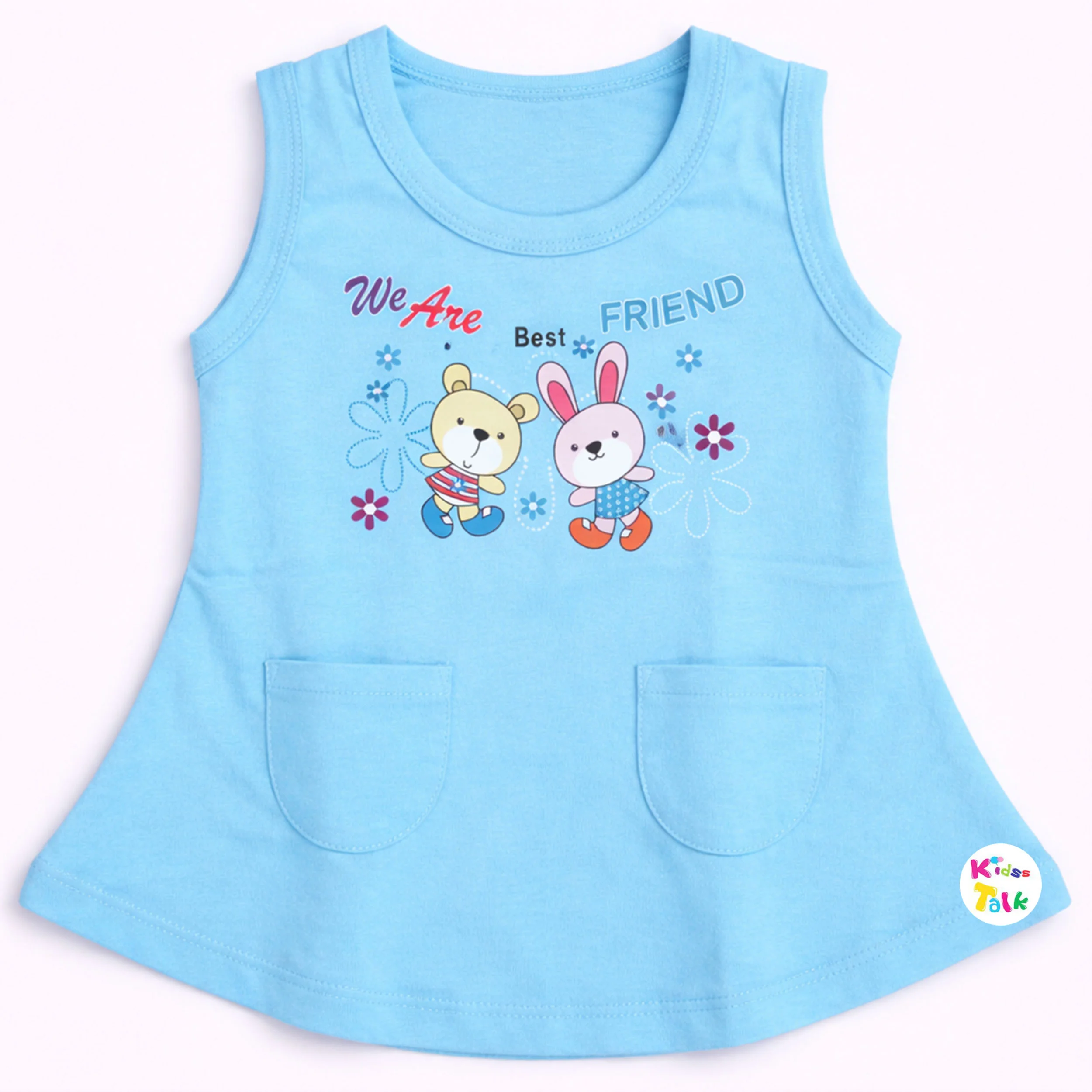 Cotton Knitted Sleeveless Frock With Cute Printed - Ice Blue