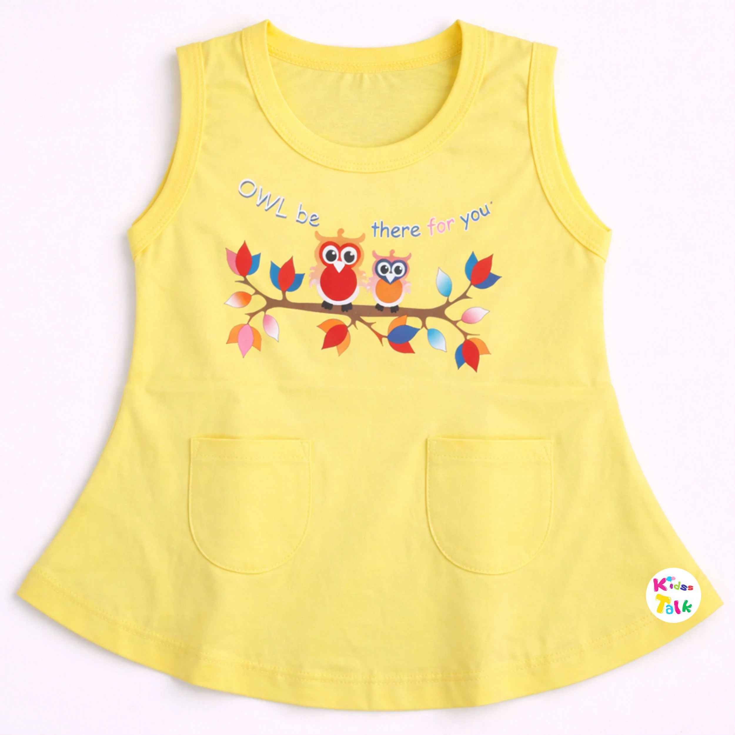 Cotton Knitted Sleeveless Frock With Cute Printed - Lemon Yellow