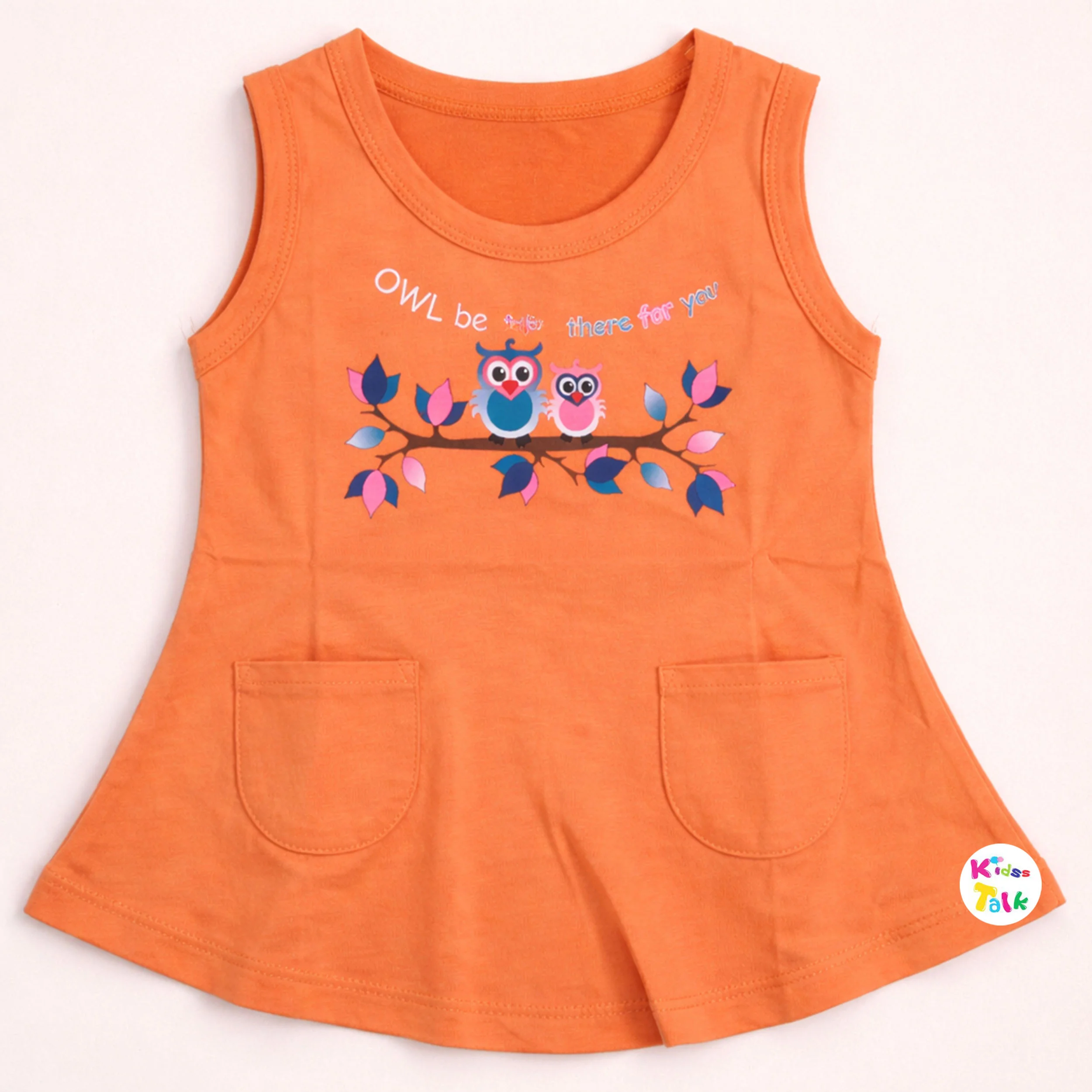 Cotton Knitted Sleeveless Frock With Cute Printed - Orange