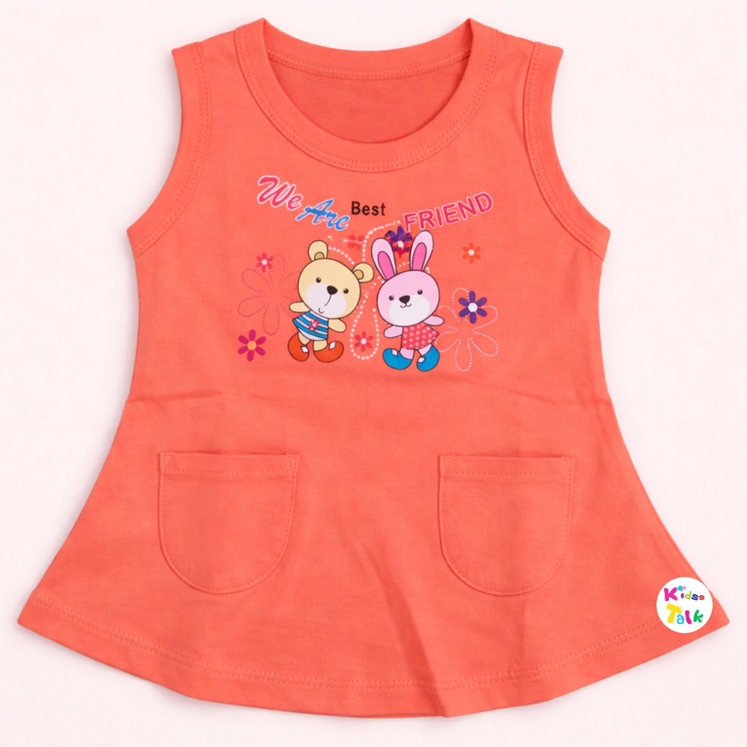 Cotton Knitted Sleeveless Frock With Cute Printed - Tomato Red