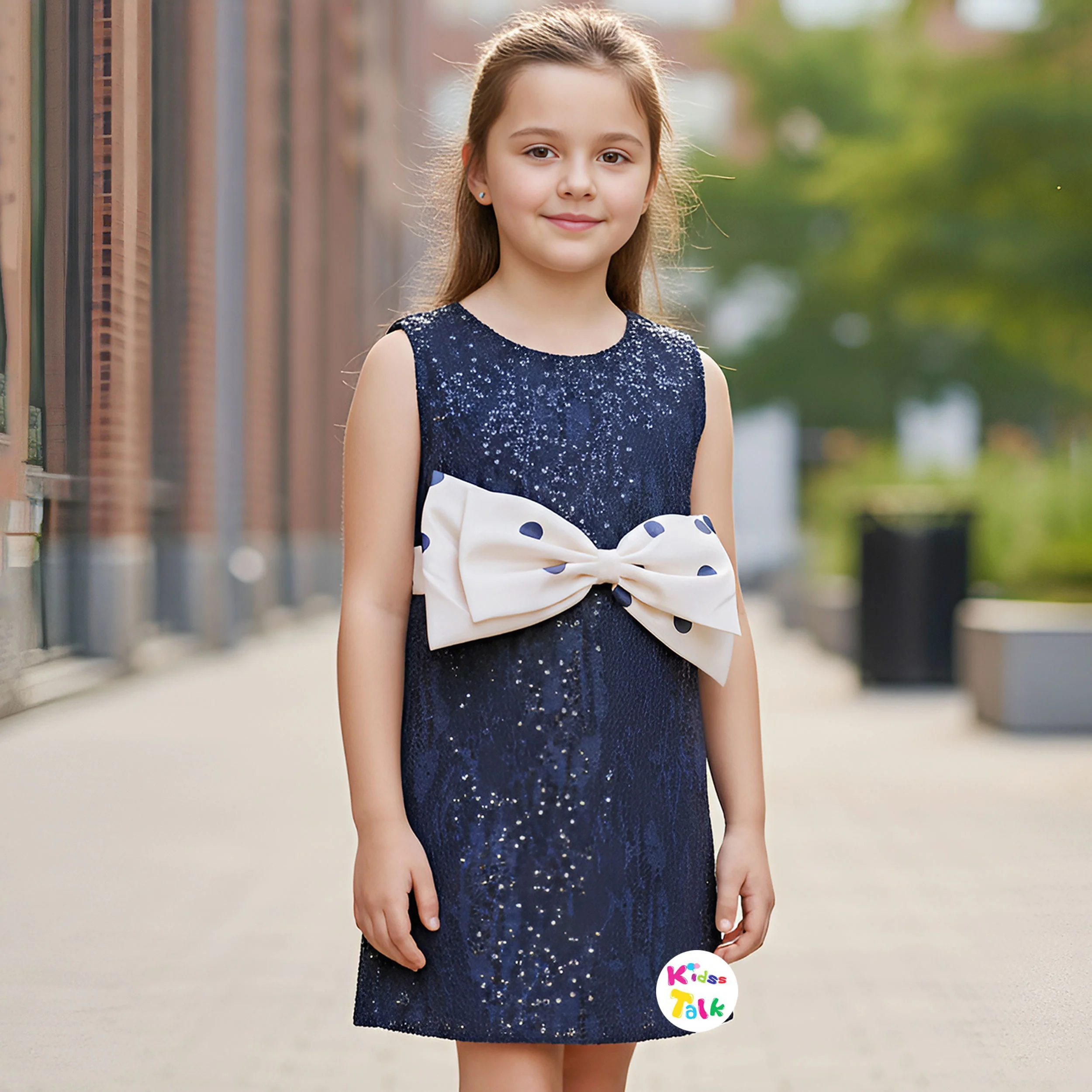 Sequins Sleeveless Party Frock With Cute Bow Applique - Navy Blue