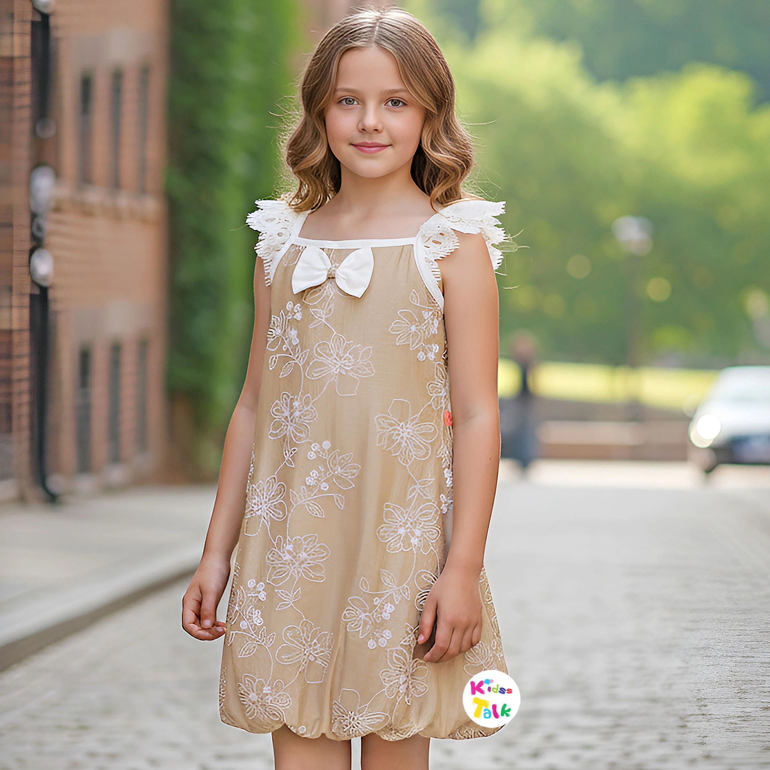 Cotton Half Sleeve Party Frock With Cute Bow Applique - Beige