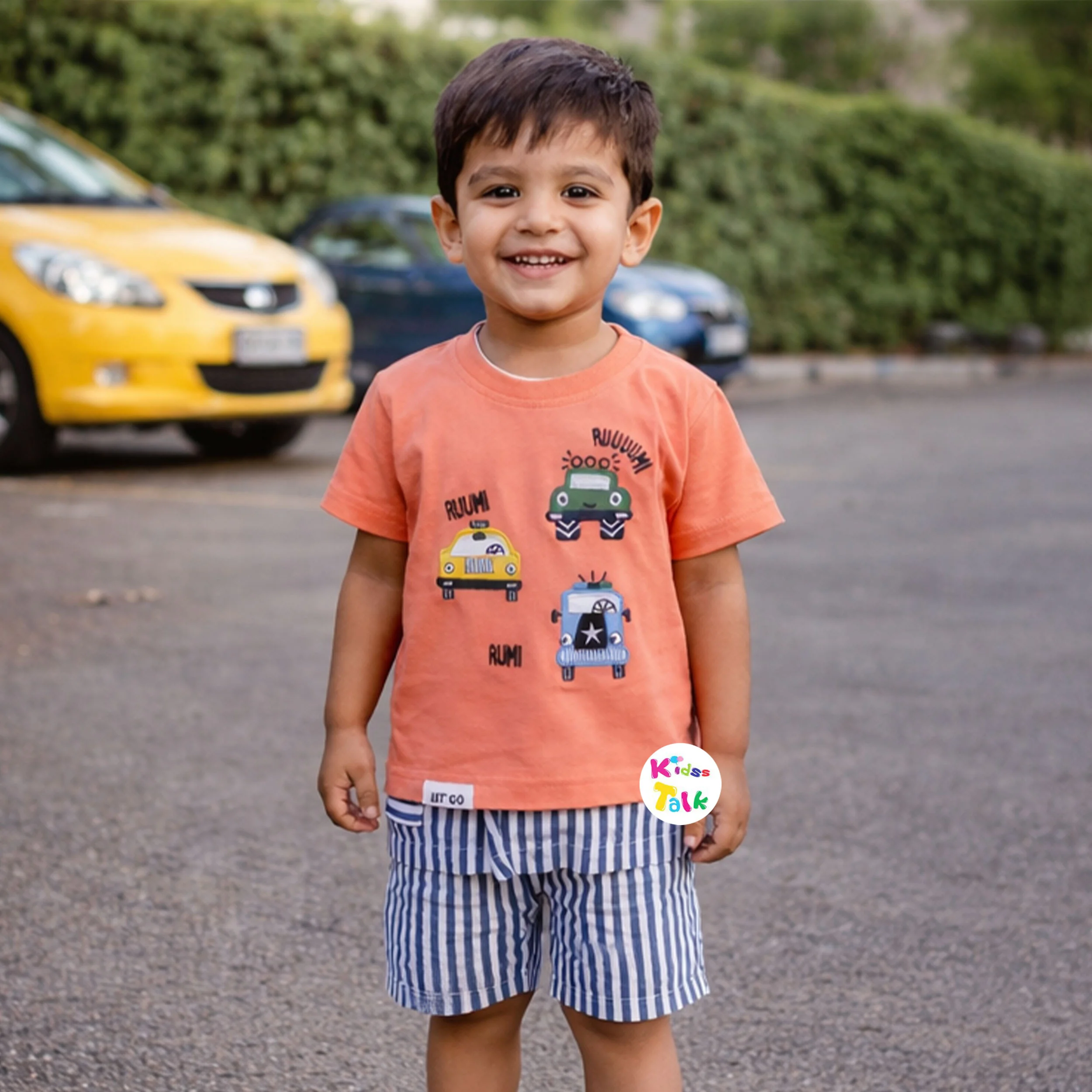 Cotton Knitted Half Sleeve T-shirt Set With Cute Print - Peach