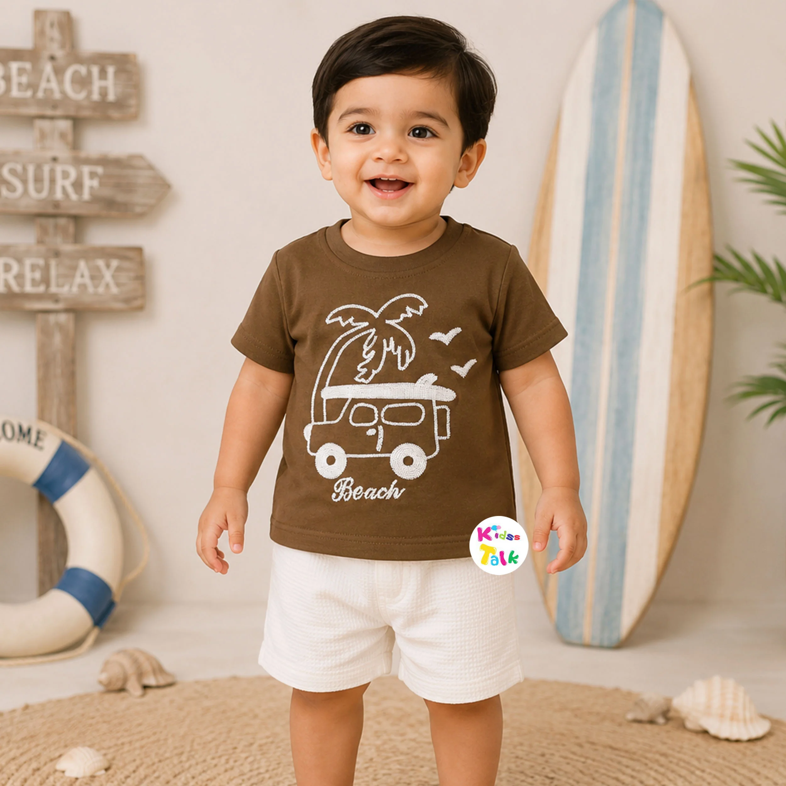 Cute Half Sleeve Printed T-shirt & Half Pant - Brown