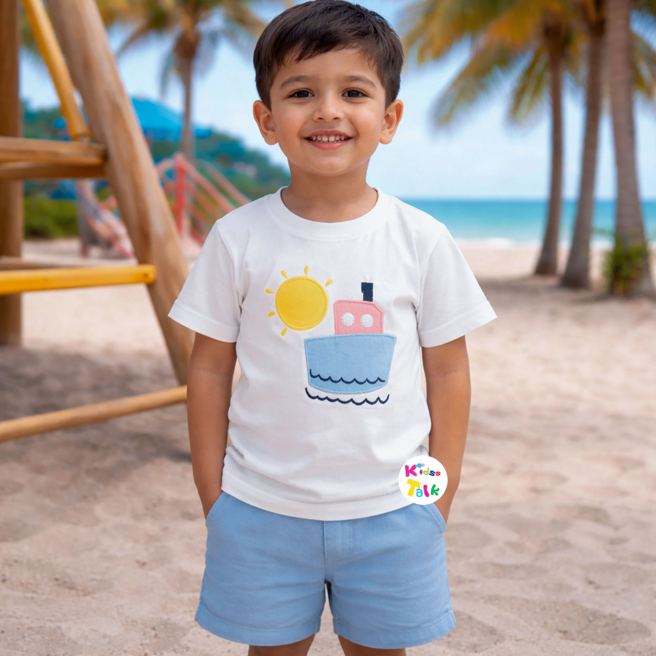 Cotton Knitted Half Sleeve T-shirt Set With Cute Print - Ice Blue