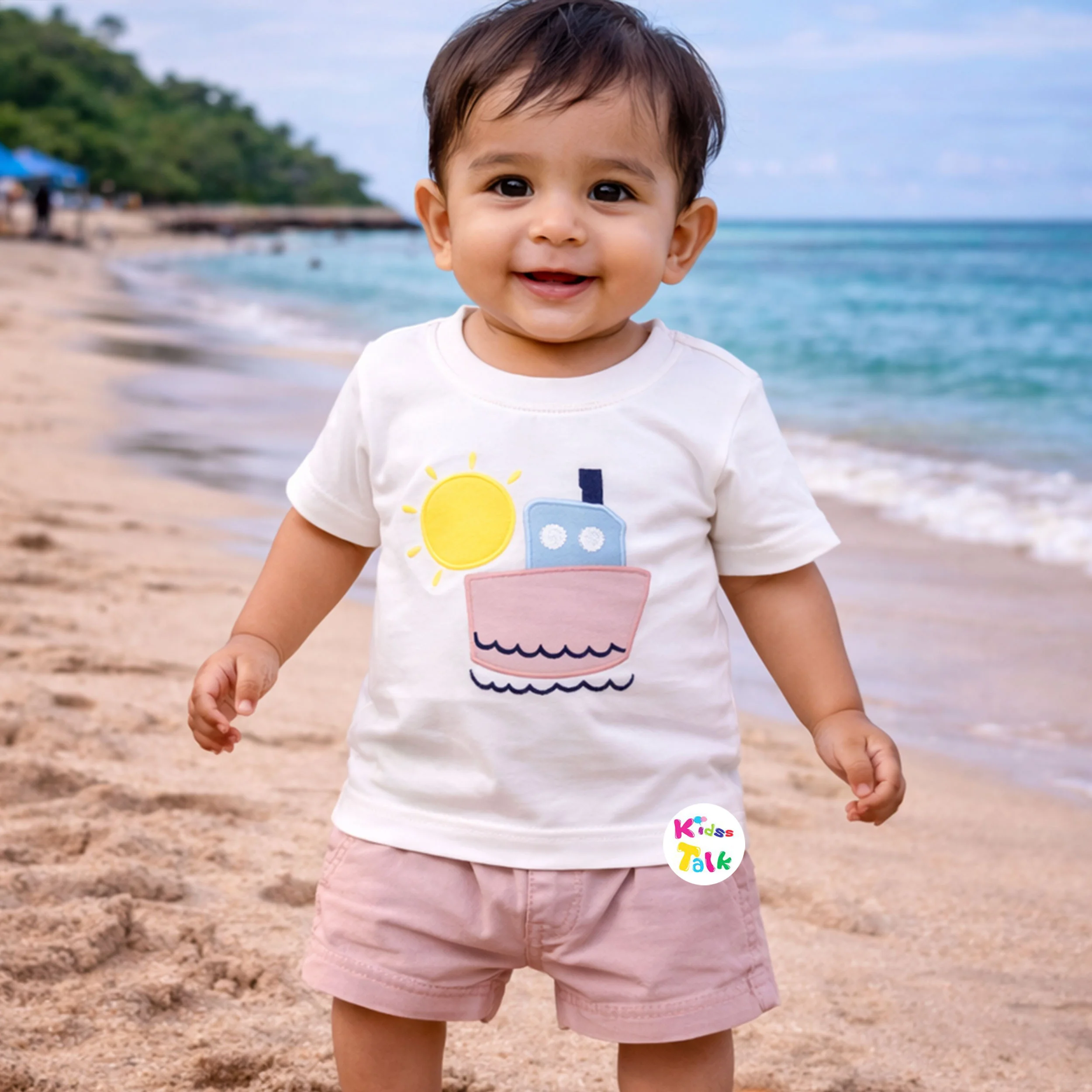 Cotton Knitted Half Sleeve T-shirt Set With Cute Print - Peach