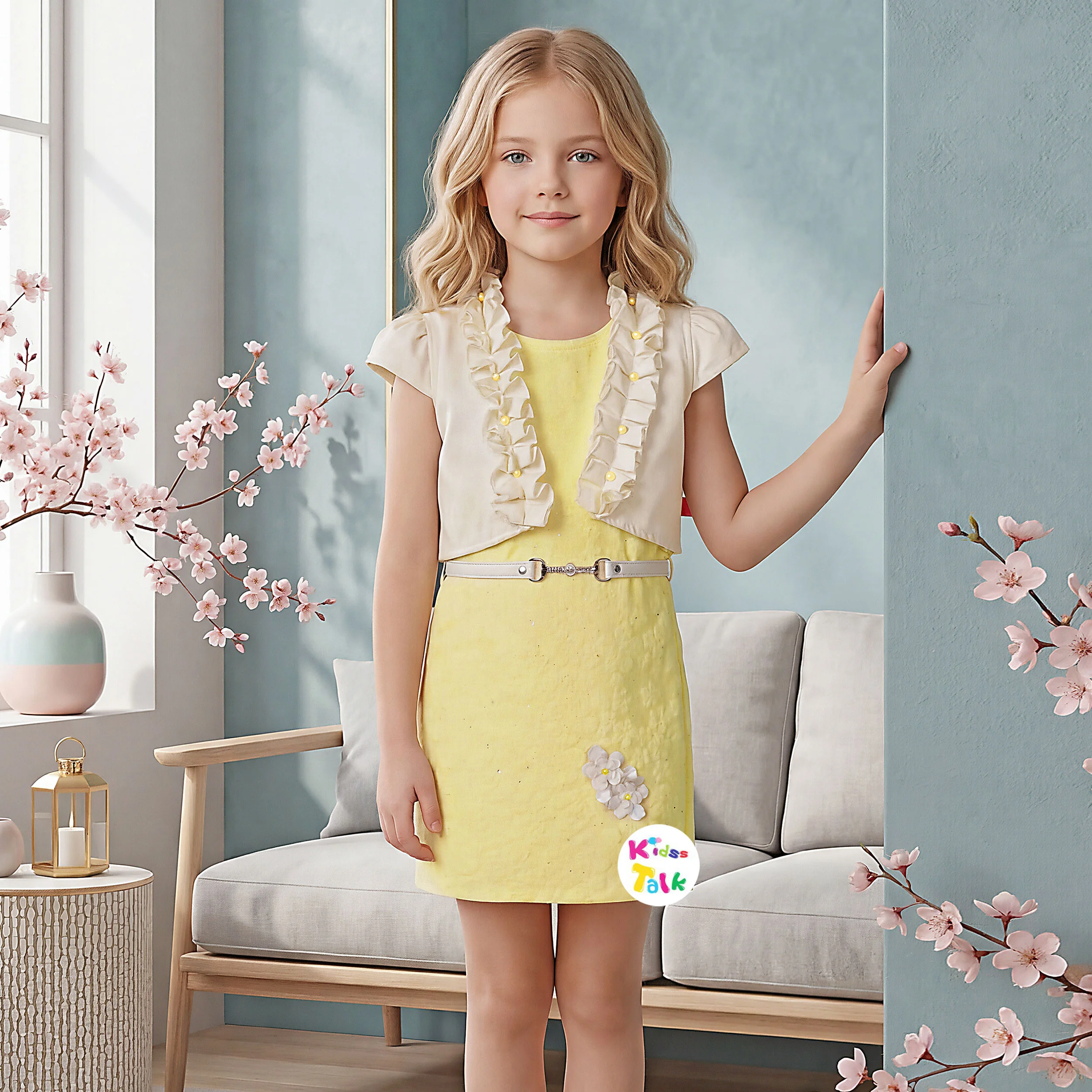 Cotton Sleeveless Party Frock With Flower Applique & Shrug - Lemon Yellow