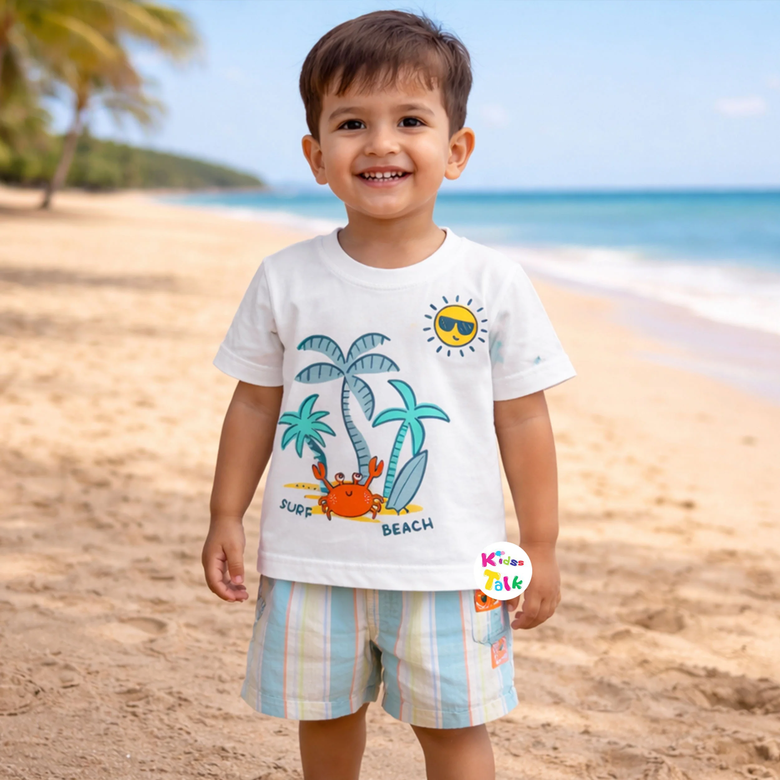 Cotton Knitted Half Sleeve T-shirt Set With Cute Print - Seafoam Green