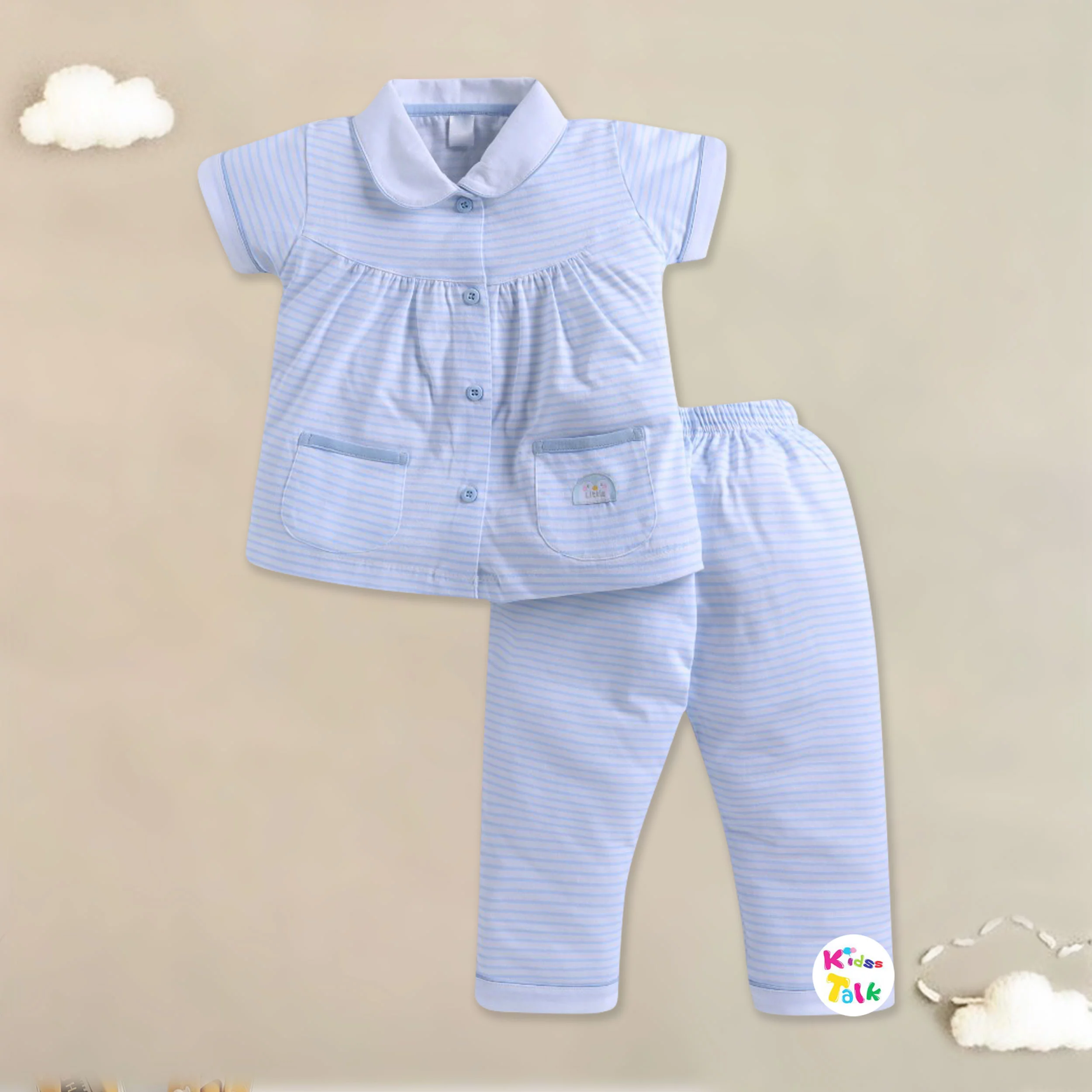 Soft Cotton Half Sleeve Night Suit With Cute Prints - Ice Blue