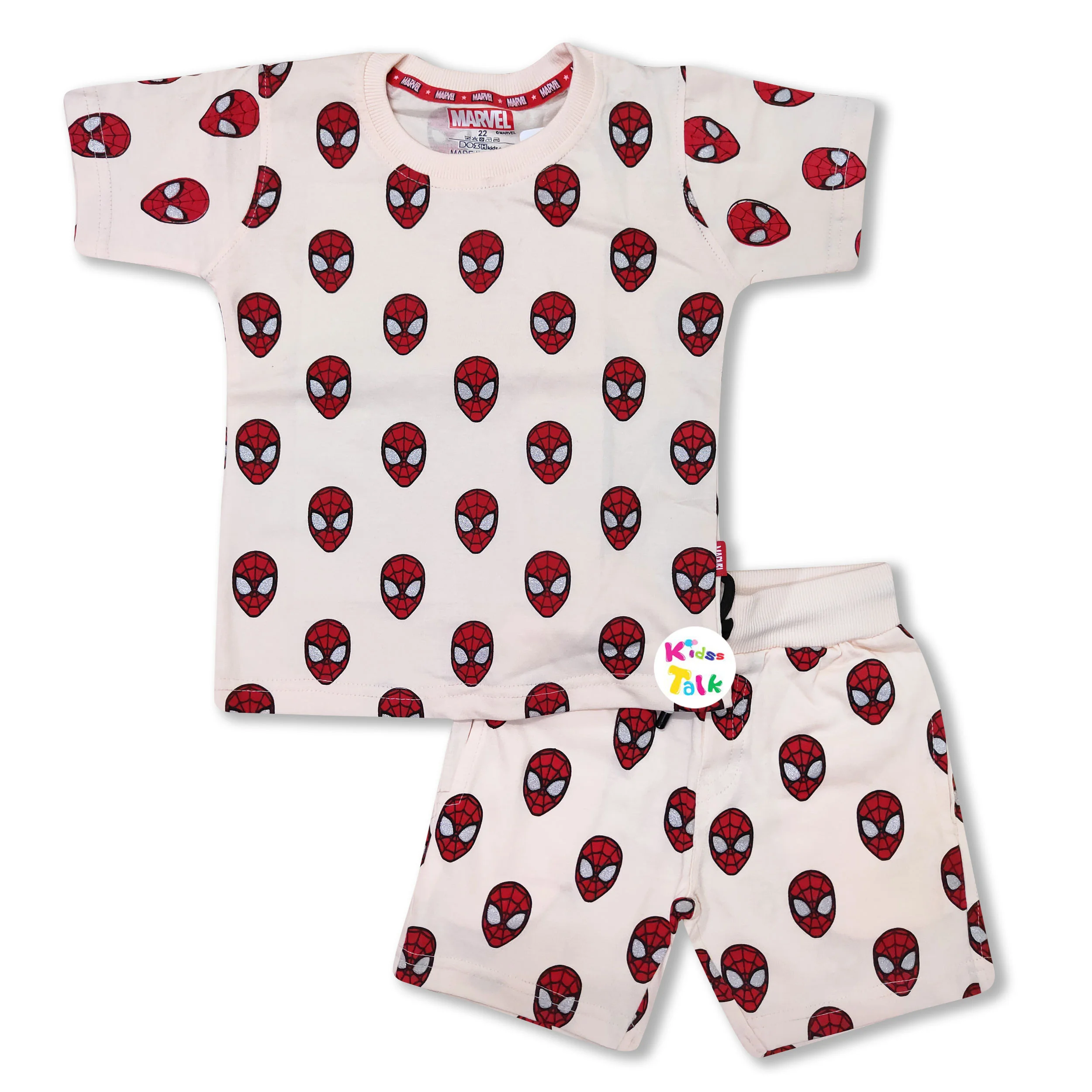 Cotton Knitted Half Sleeve T-shirt Set With Cute Print - Peach