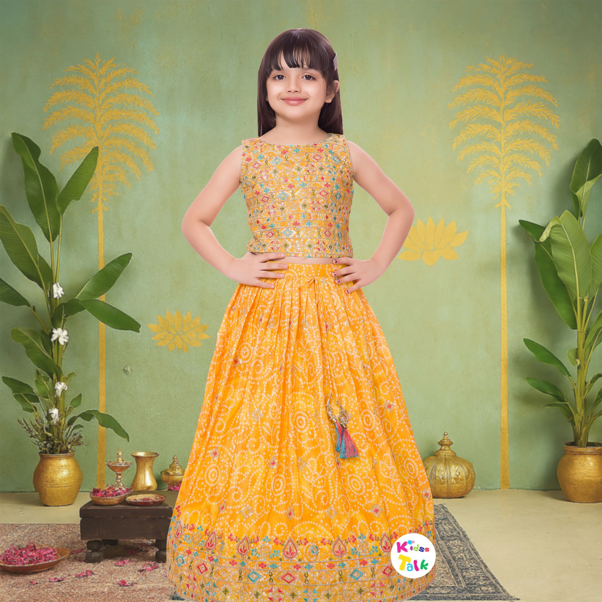 Satin Sleeveless Embroidered Choli With Lehenga & Dupatta - Mustard