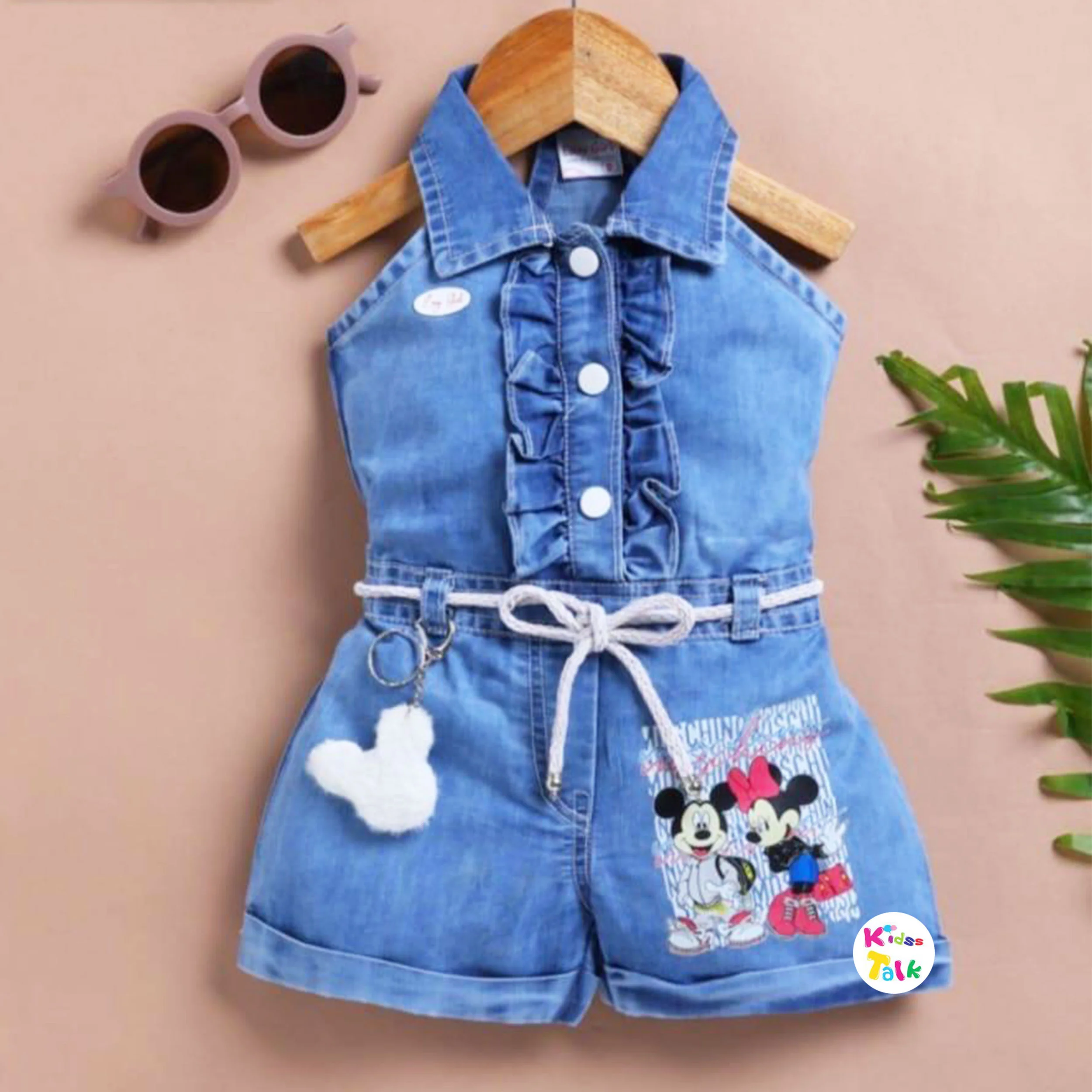 Denim Sleeveless Printed Jumpsuit - Denim Blue