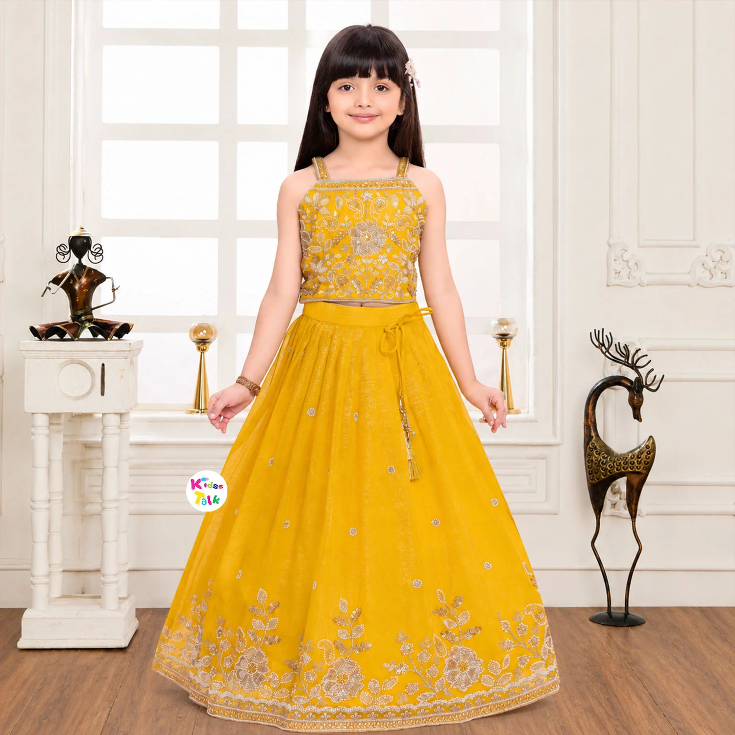 Georgette Sleeveless Zardhosi Choli With Lehenga & Dupatta - Mustard