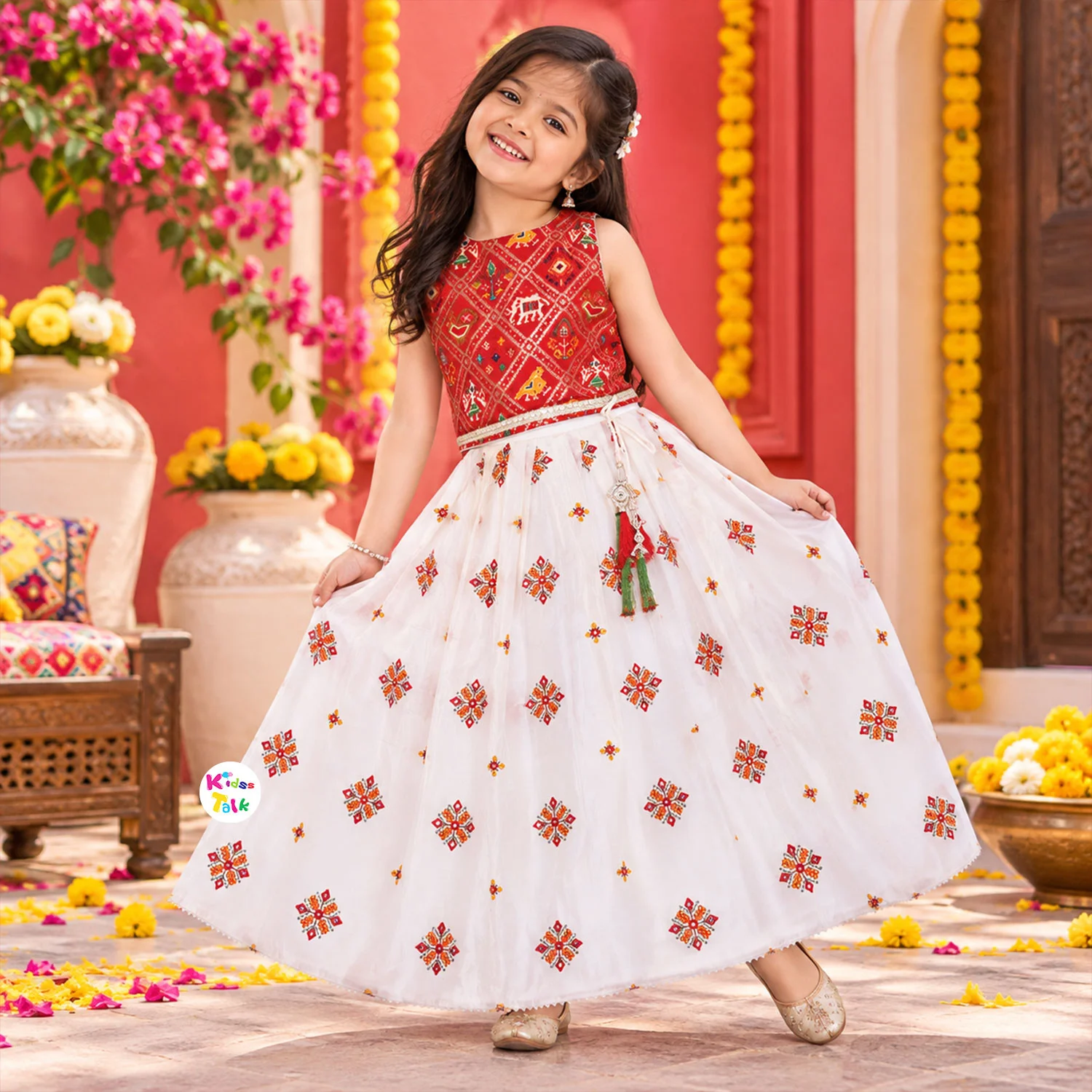 Cotton Sleeveless Embroidered Choli With Lehenga & Dupatta - Red