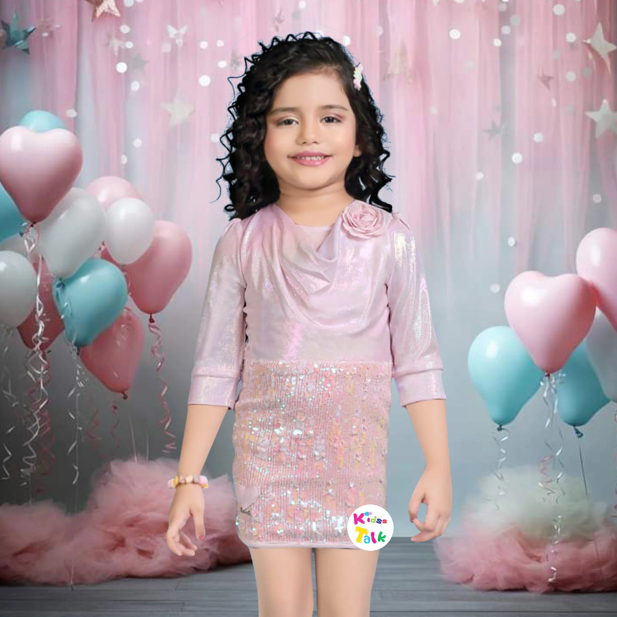 Shimmer Full Sleeve Party Frock With Sequins Applique - Baby Pink