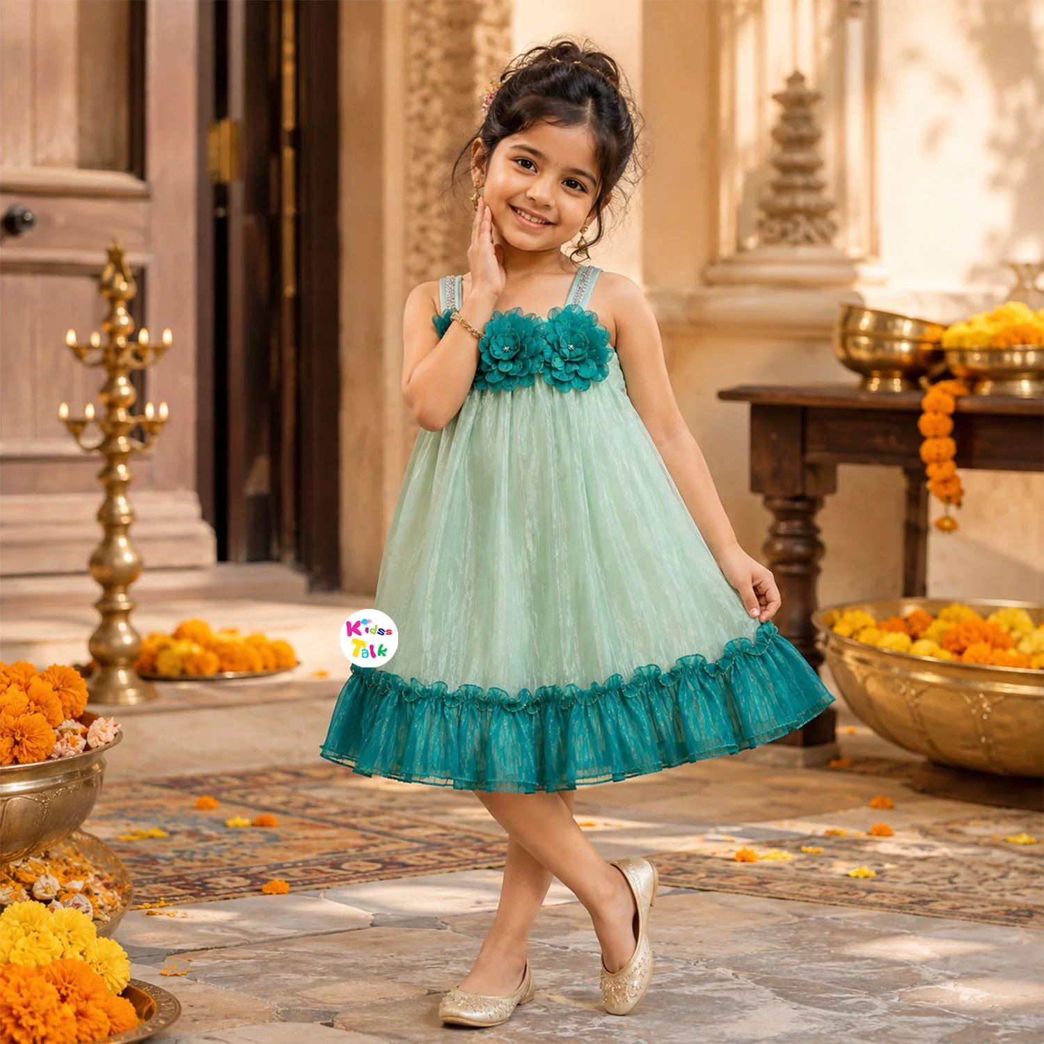 Chiffon Sleeveless Frock With Flower Applique - Seafoam Green