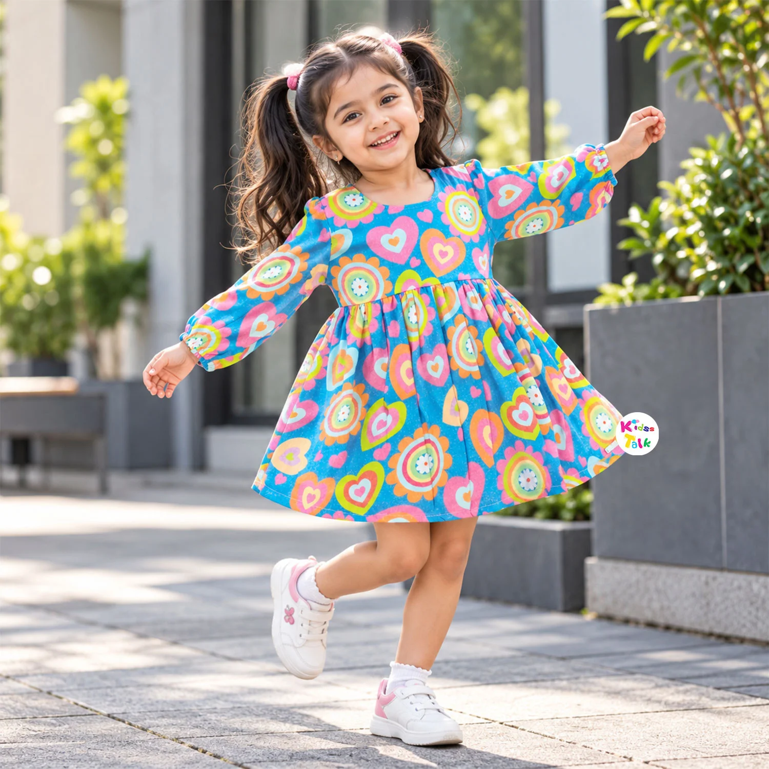 Cotton Half Sleeve Frock With Heart Print - Blue