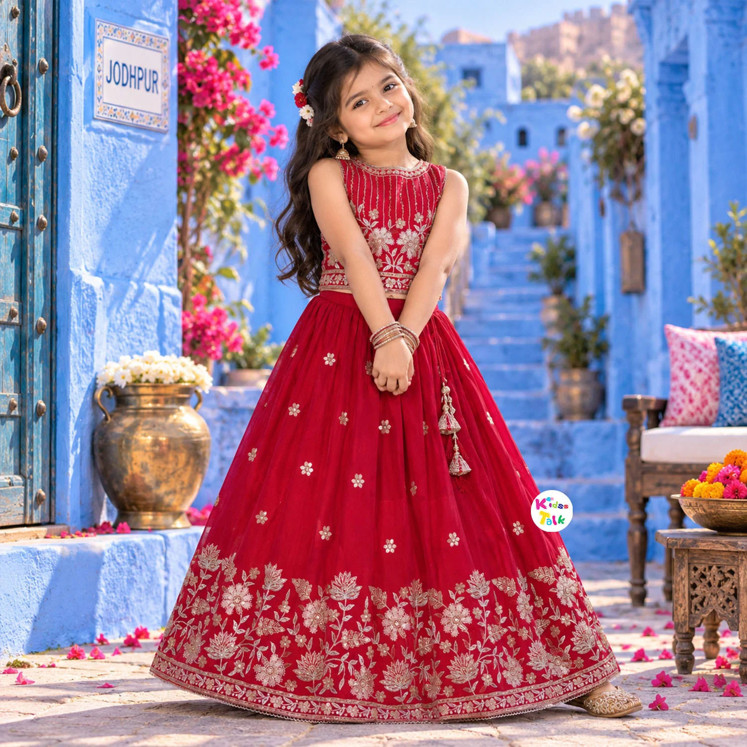 Chiffon Sleeveless Embroidered Choli With Lehenga & Dupatta - Red