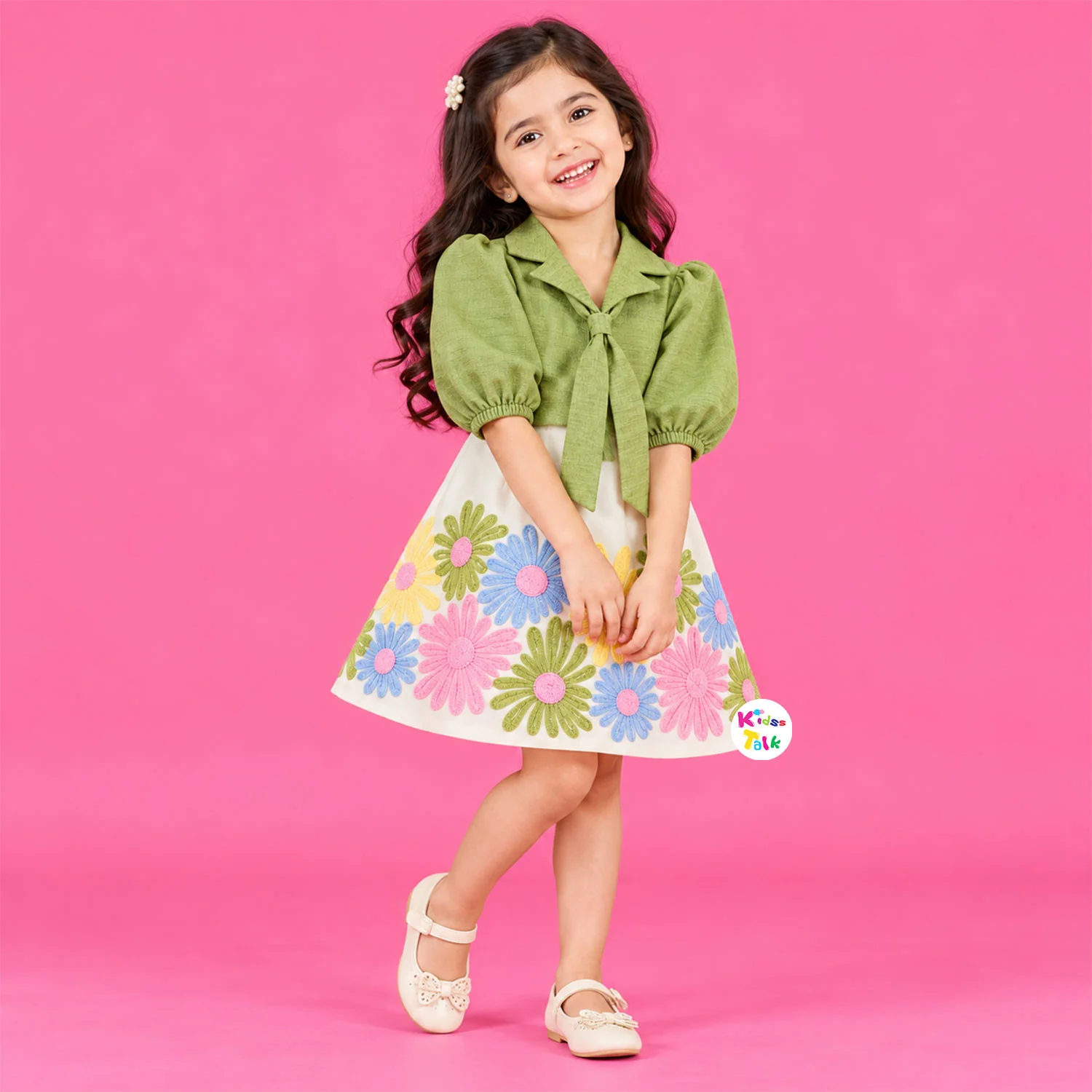 Stylish Puff Sleeve Top With Floral Skirt - Green