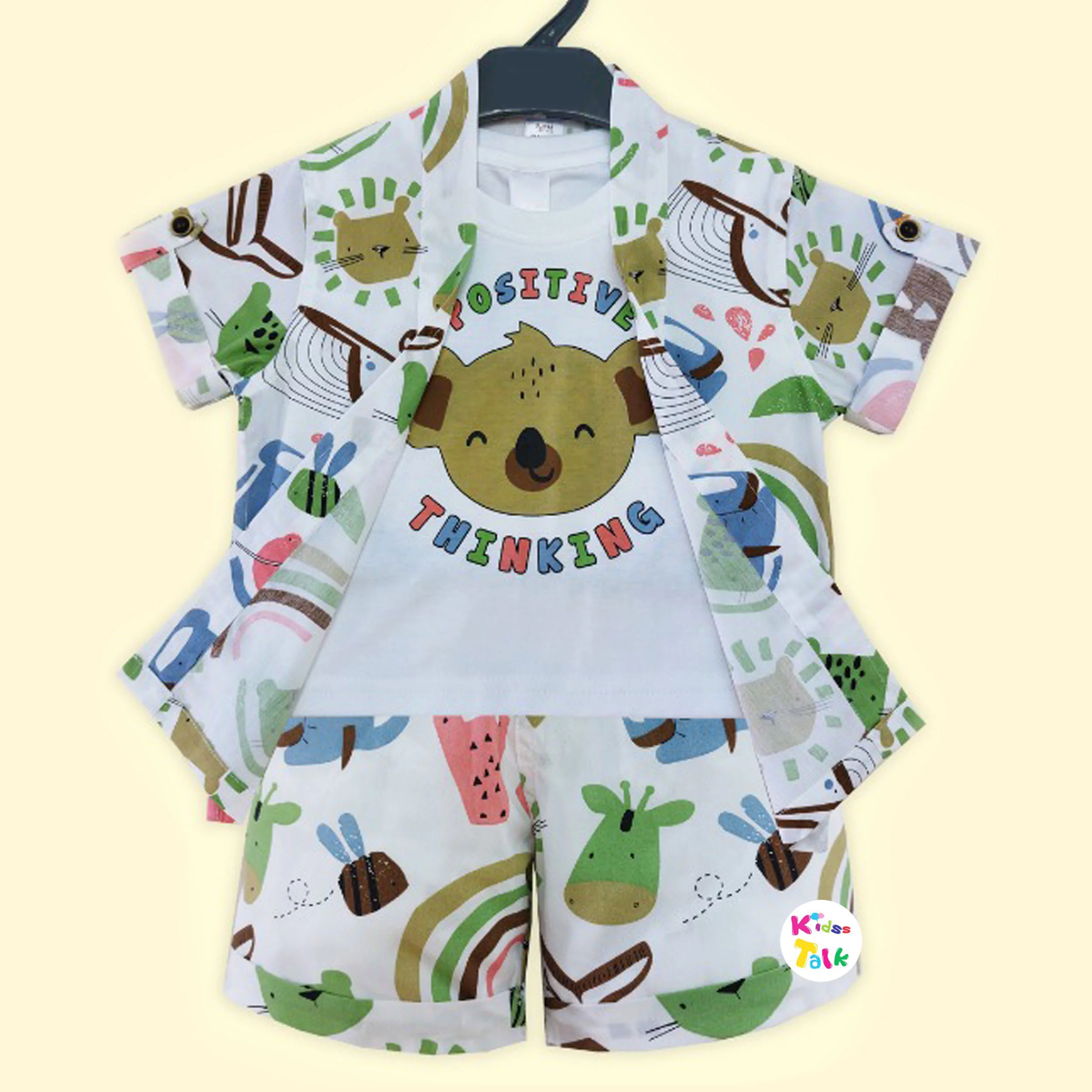 Cotton Half Sleeve Shirt With T-shirt & Half Pant - Mint Green