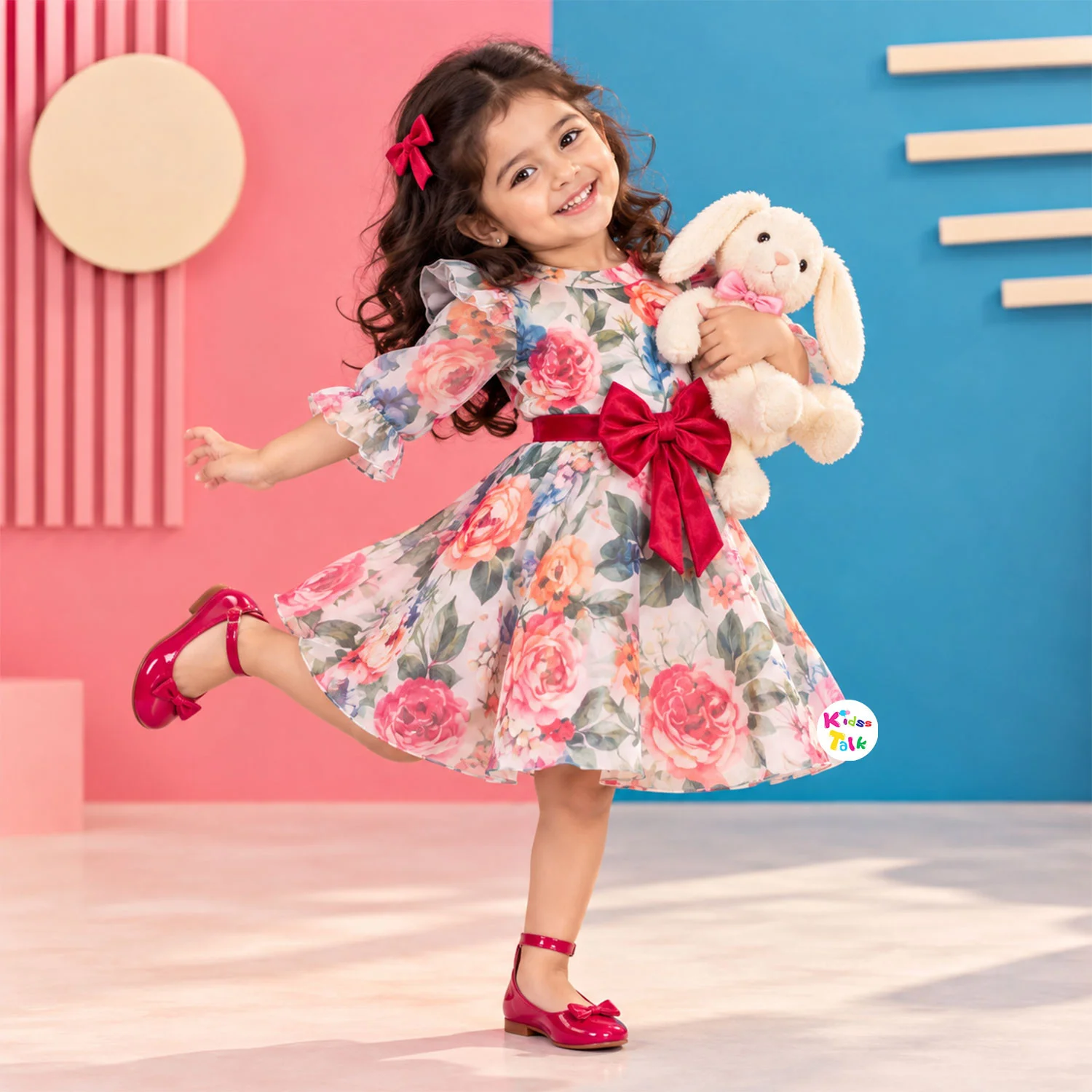 Satin Floral Print Full Sleeve Frock - Red