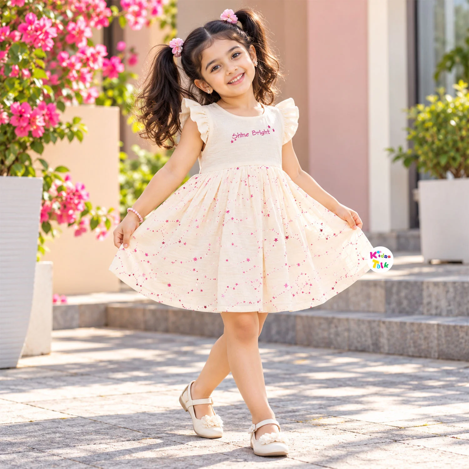 Muslin Ruffle Sleeve Frock With Shine Bright Embroidery & Star Foil Print - Cream
