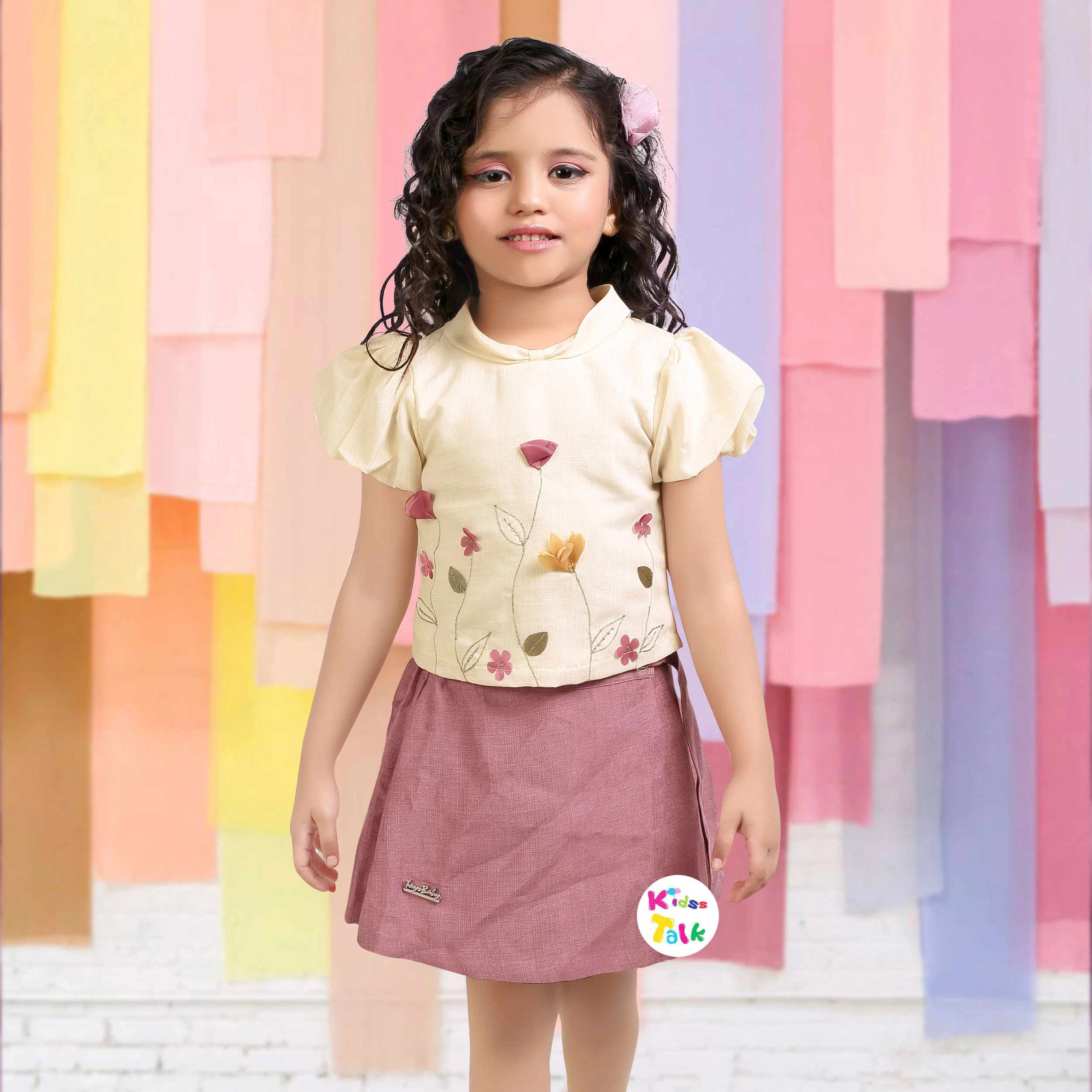 Cotton Half Sleeve Cute Top With Embroidered & Skirt - Onion Pink