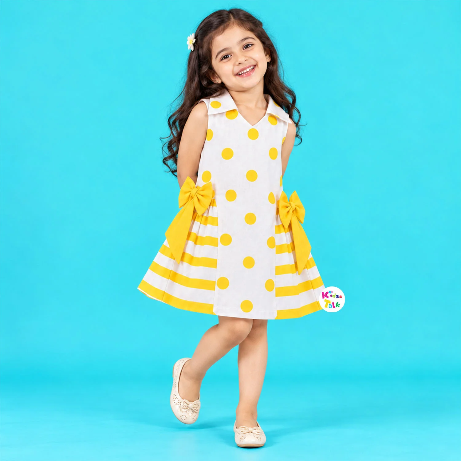 Cotton Sleeveless Frock With Polka Dots & Bow - Lemon Yellow