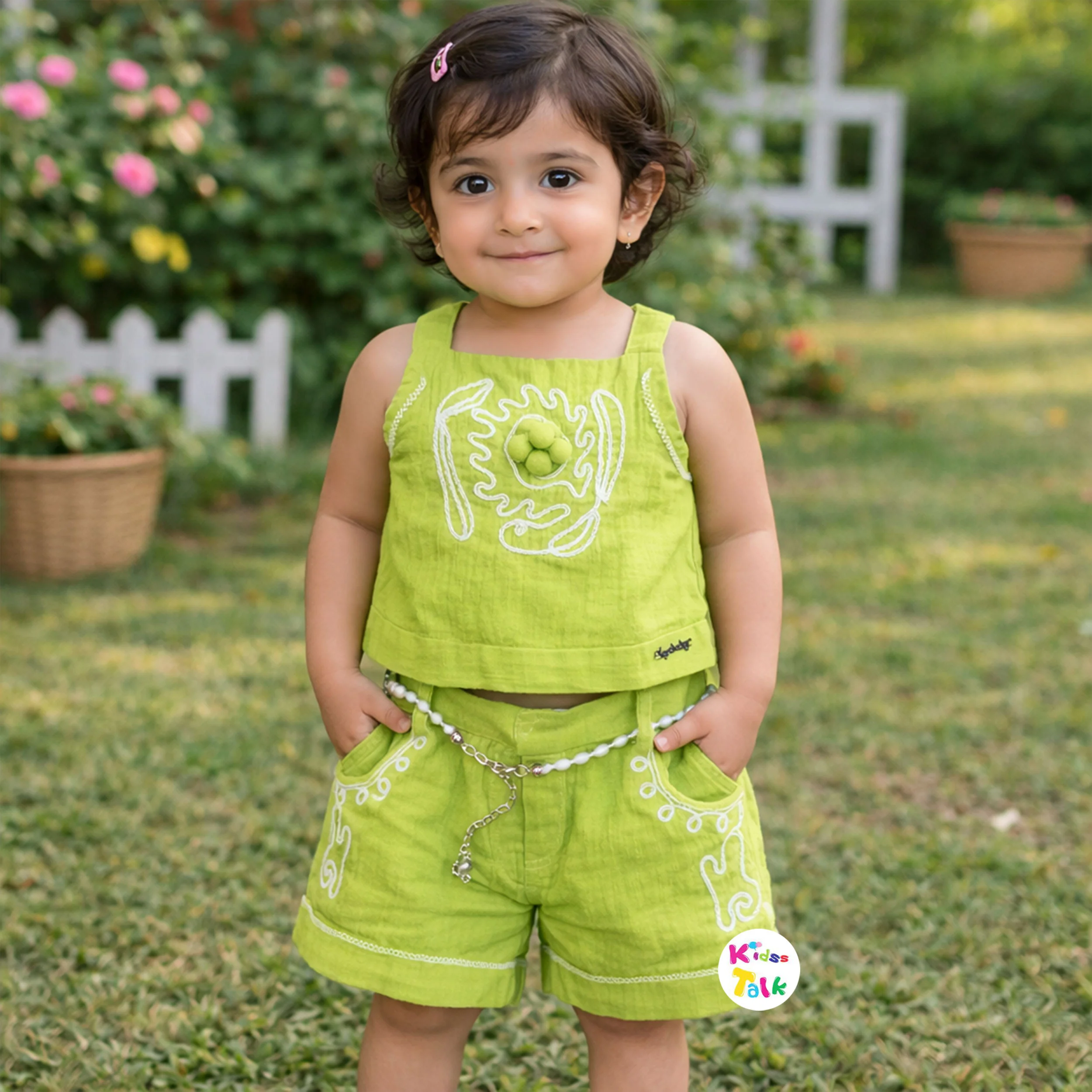 Muslin Sleeveless Top With Half Pant & Cute Embroidered - Pista Green
