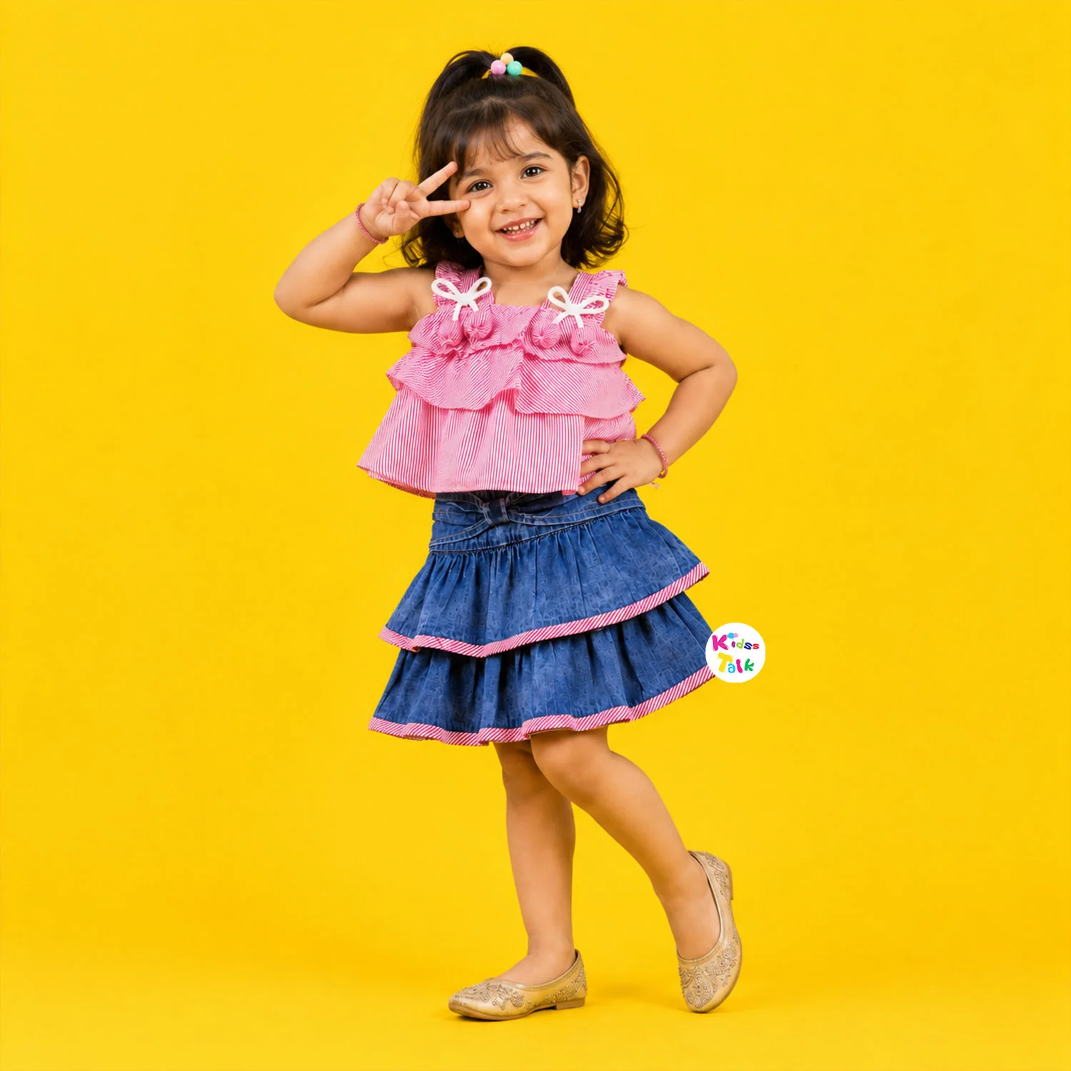 Cotton Sleeveless Layer Top With Denim Skirt - Pink