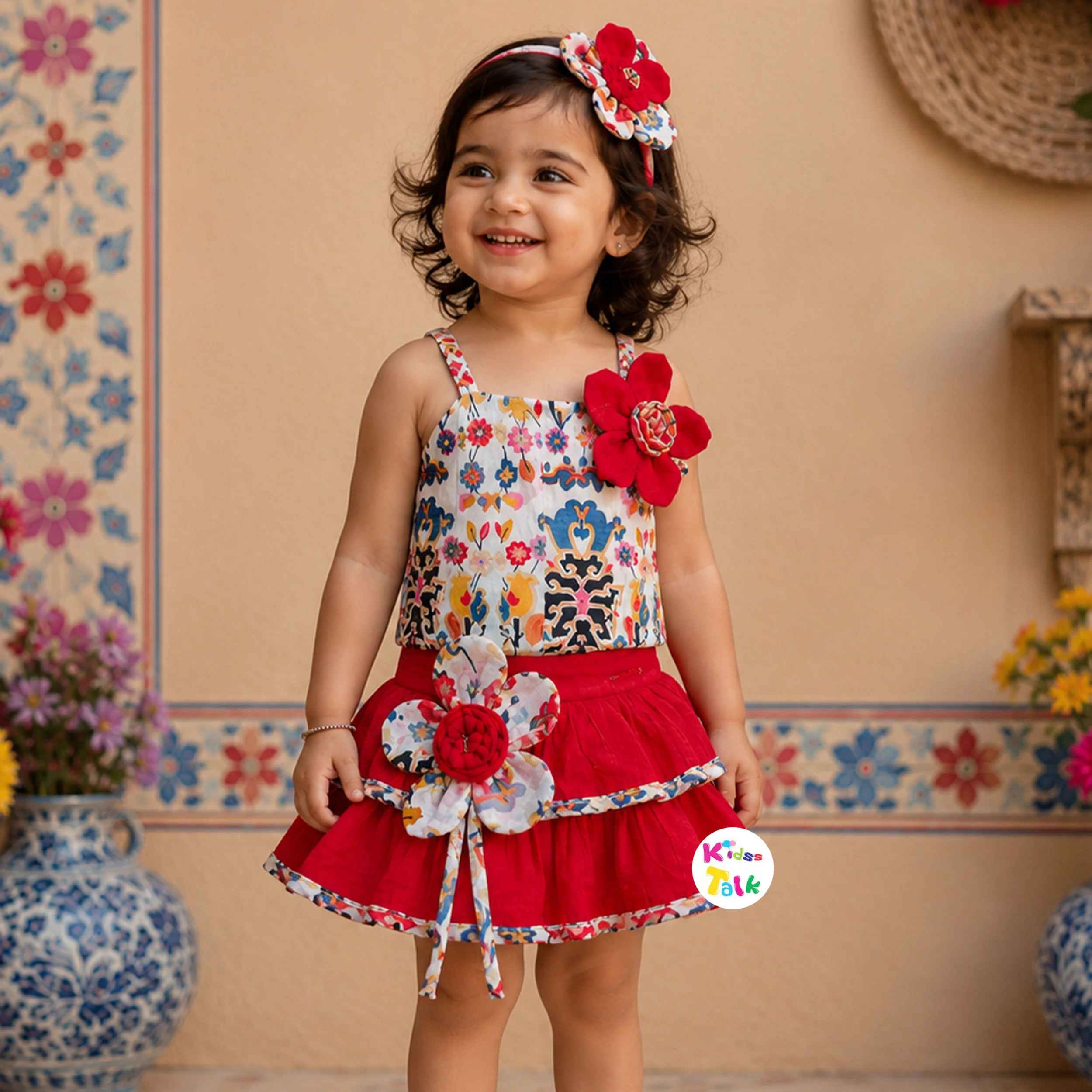 Cotton Sleeveless Skirt & Top With Flower Applique - Red