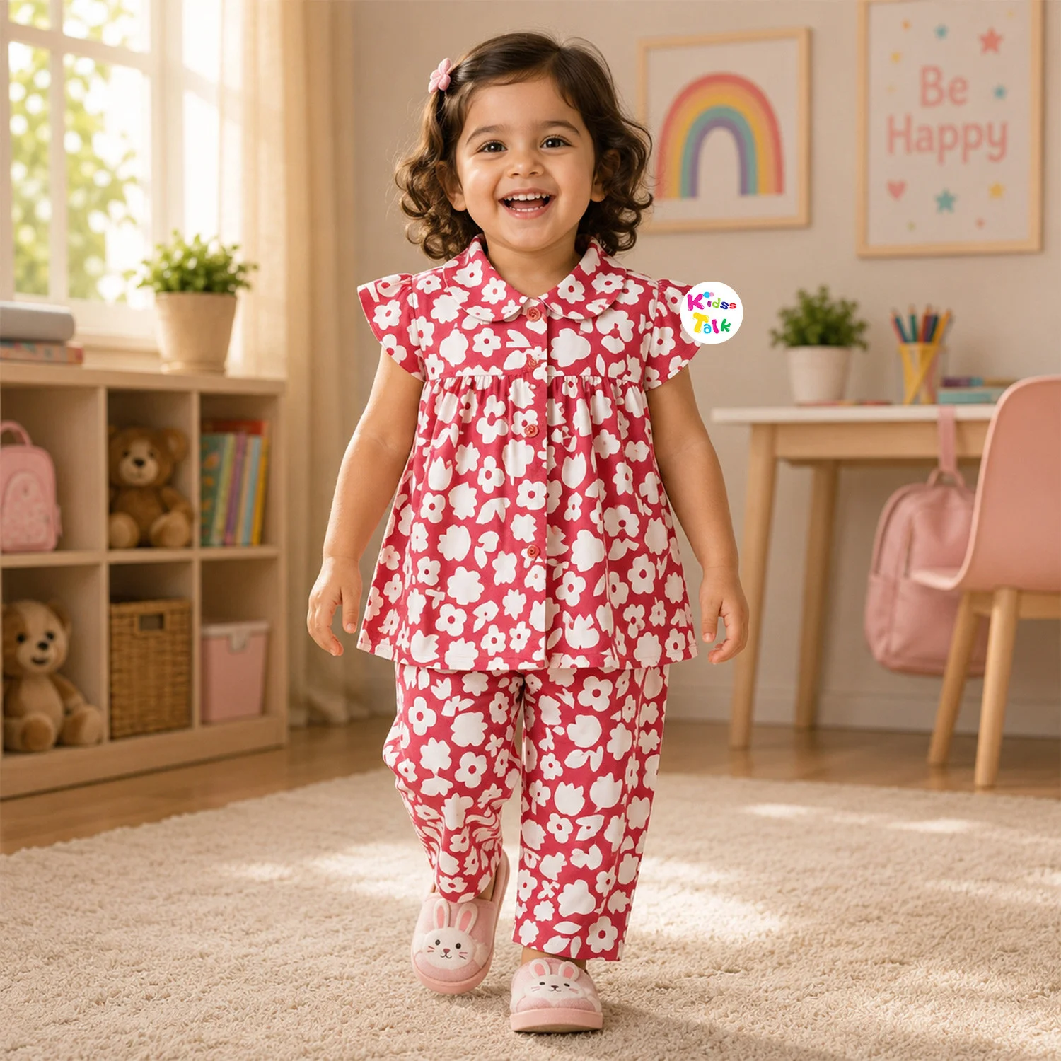 Cotton Half Sleeve Night Suit With Cute All Over Print - Onion Pink