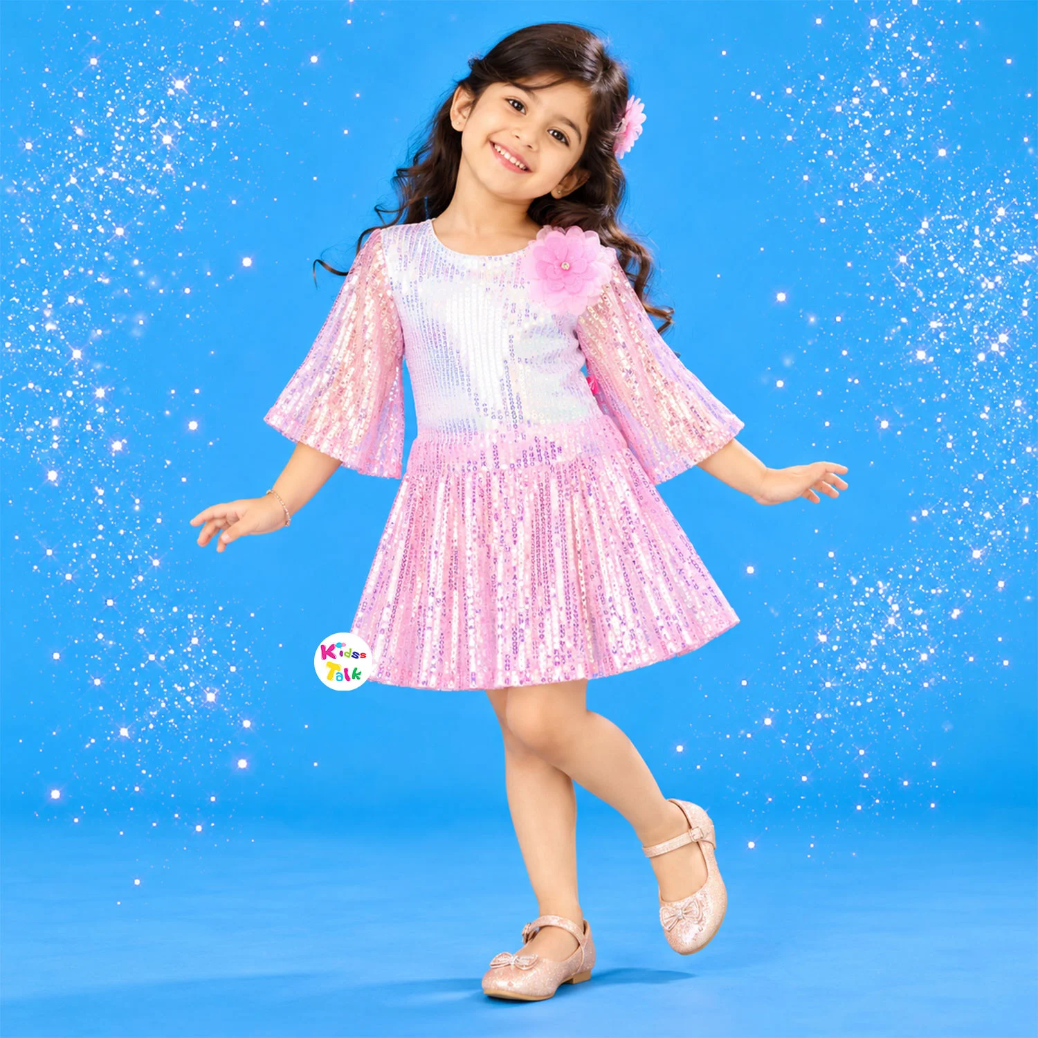 Sequins Cape Sleeve Party Frock With Flower Applique - Baby Pink