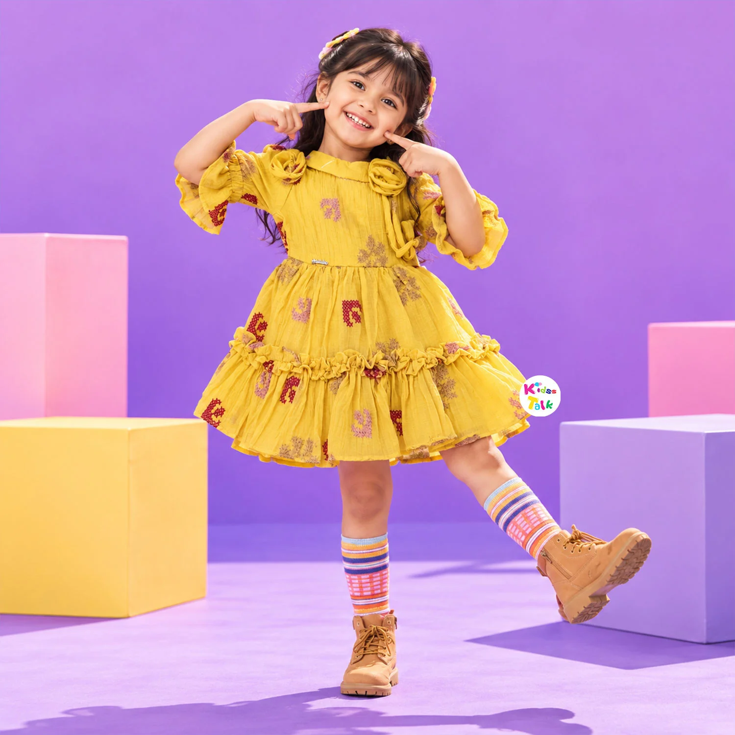 Cotton Full Sleeve Tiered Frock With Fabric Flower - Mustard