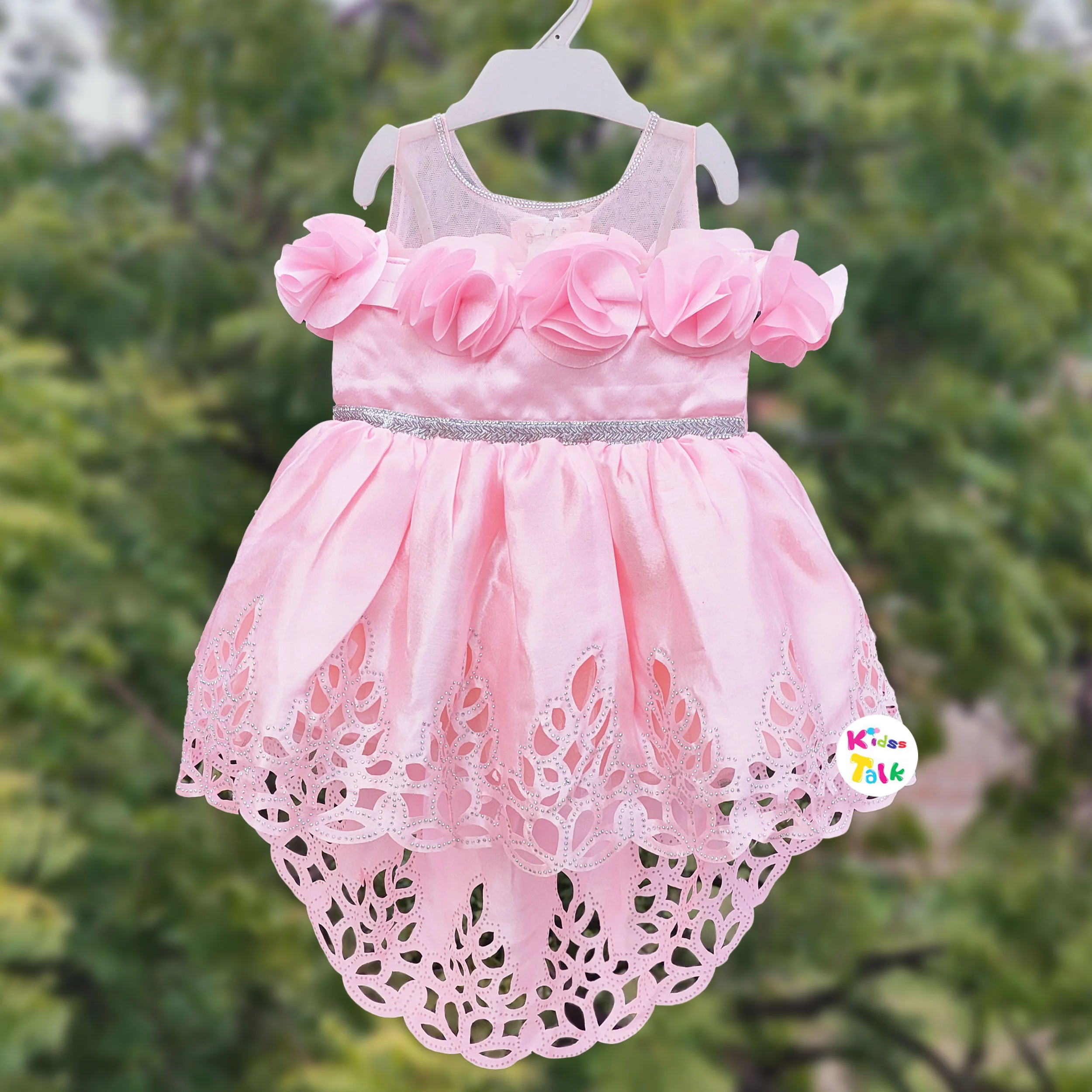 Satin Sleeveless Party Frock With Flower Applique - Peach