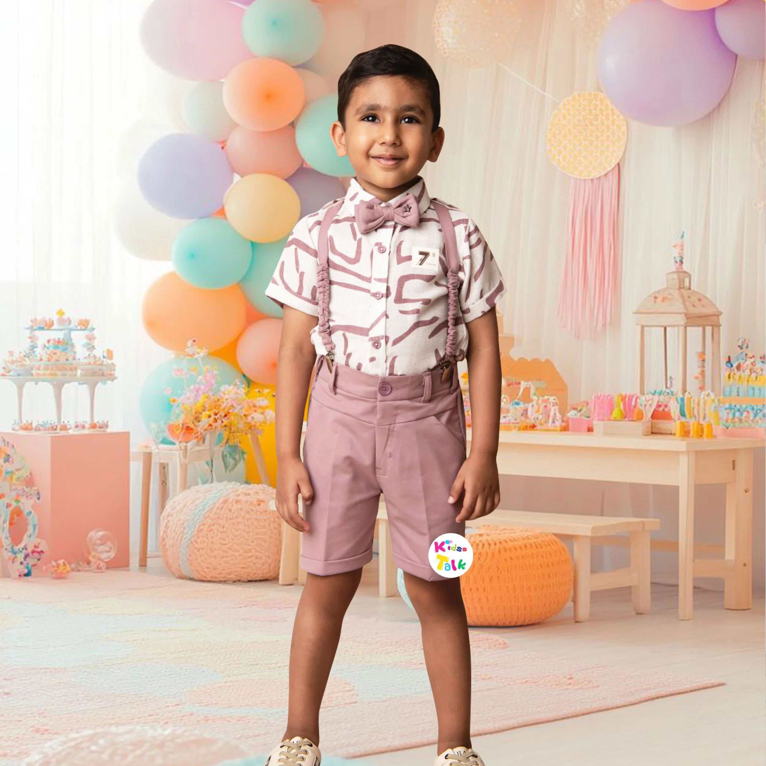 Cotton Half Sleeve Shirt With Full Pant & Suspender - Lavender