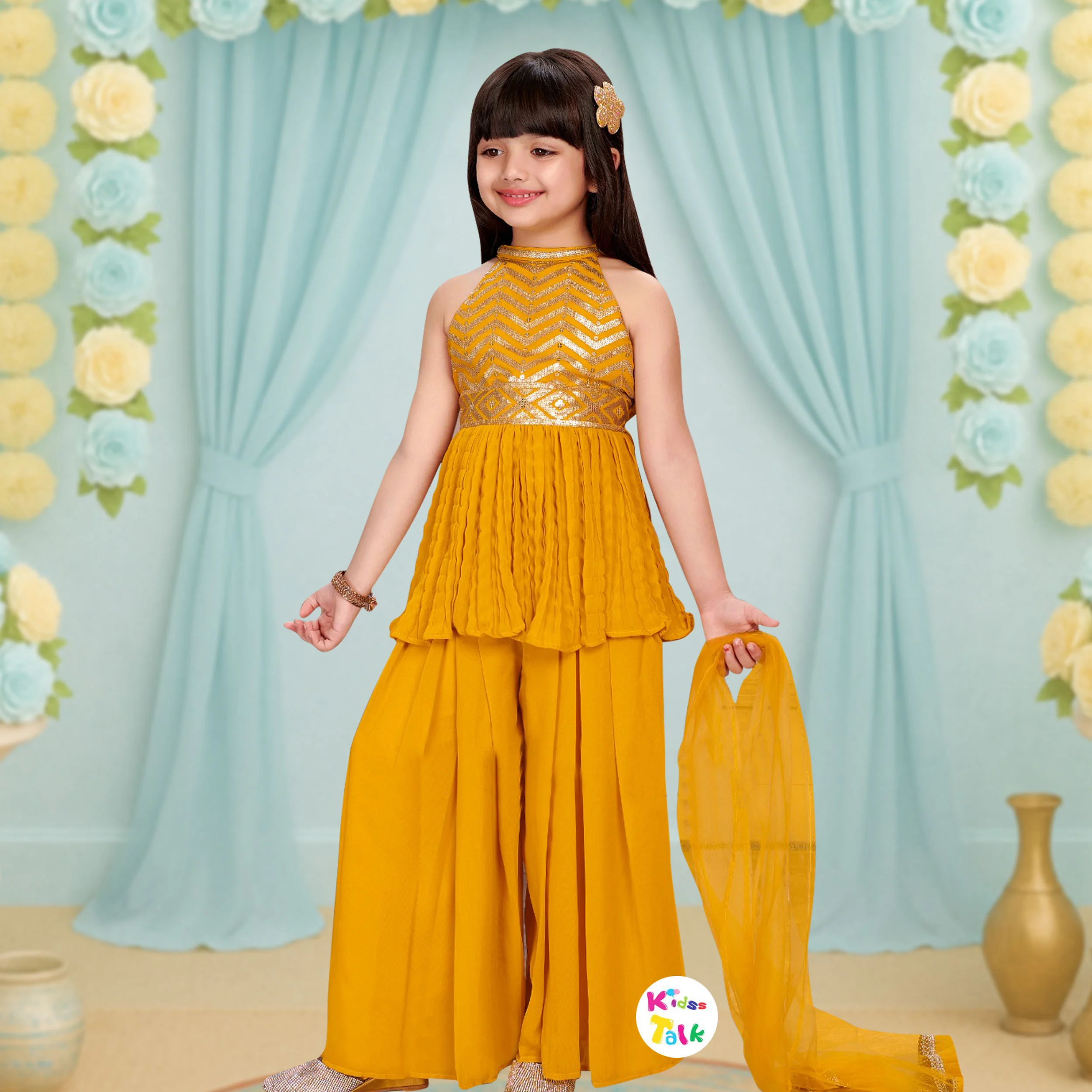 Georgette Sleeveless Cute Sequins Work Kurta With Gharara & Dupatta - Mustard