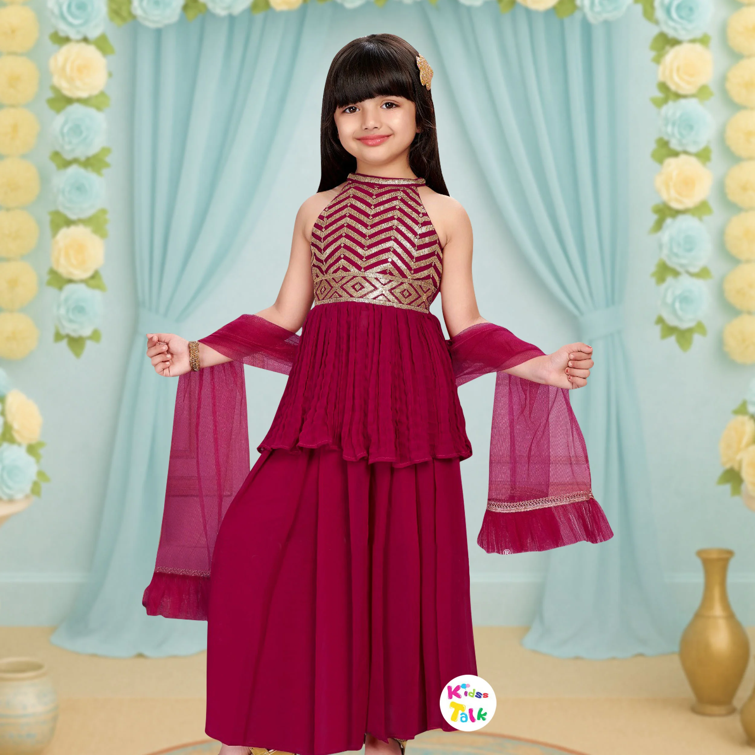 Georgette Sleeveless Cute Sequins Work Kurta With Gharara & Dupatta - Hot Pink