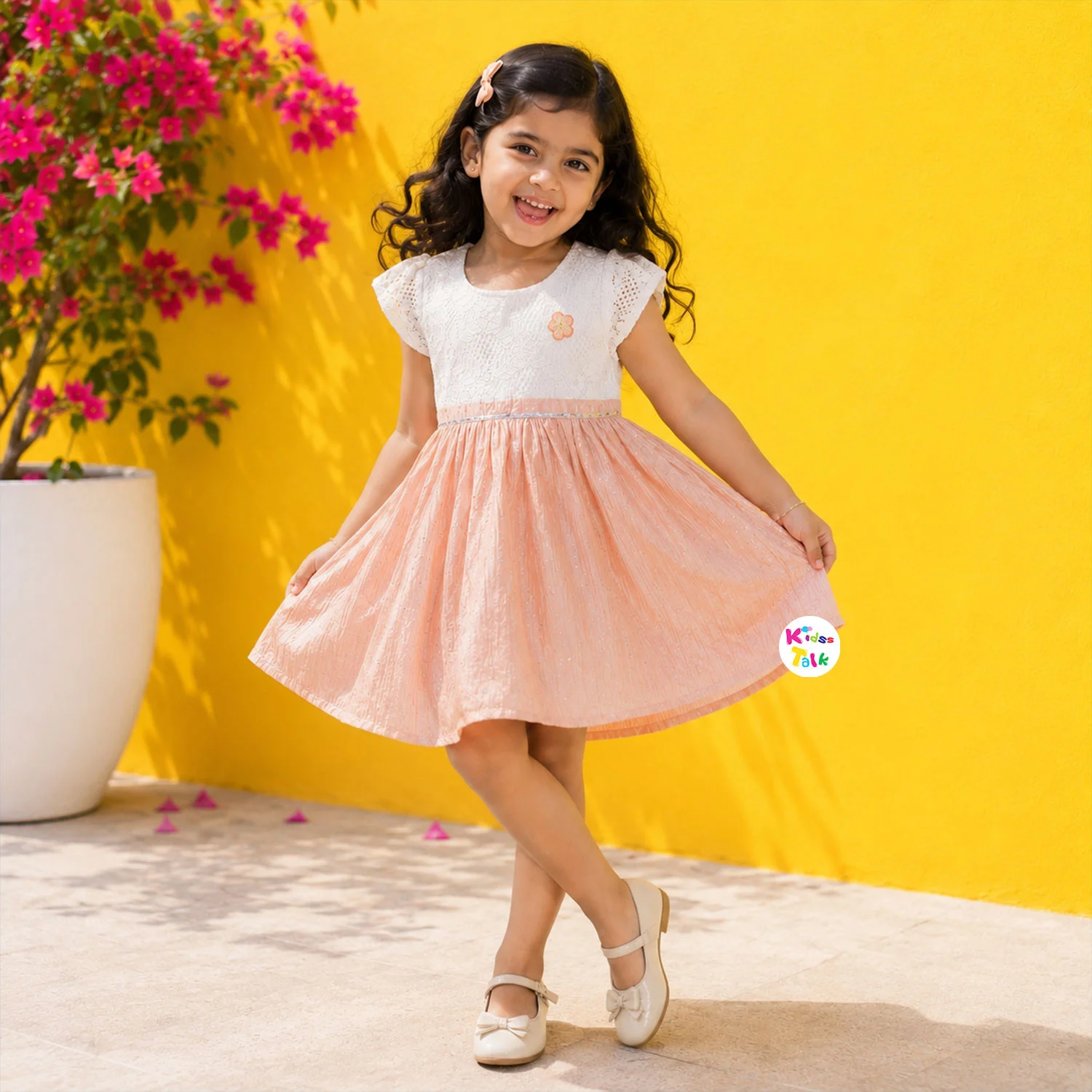 Soft Muslin Half Sleeve Frock With Sequins Work - Peach