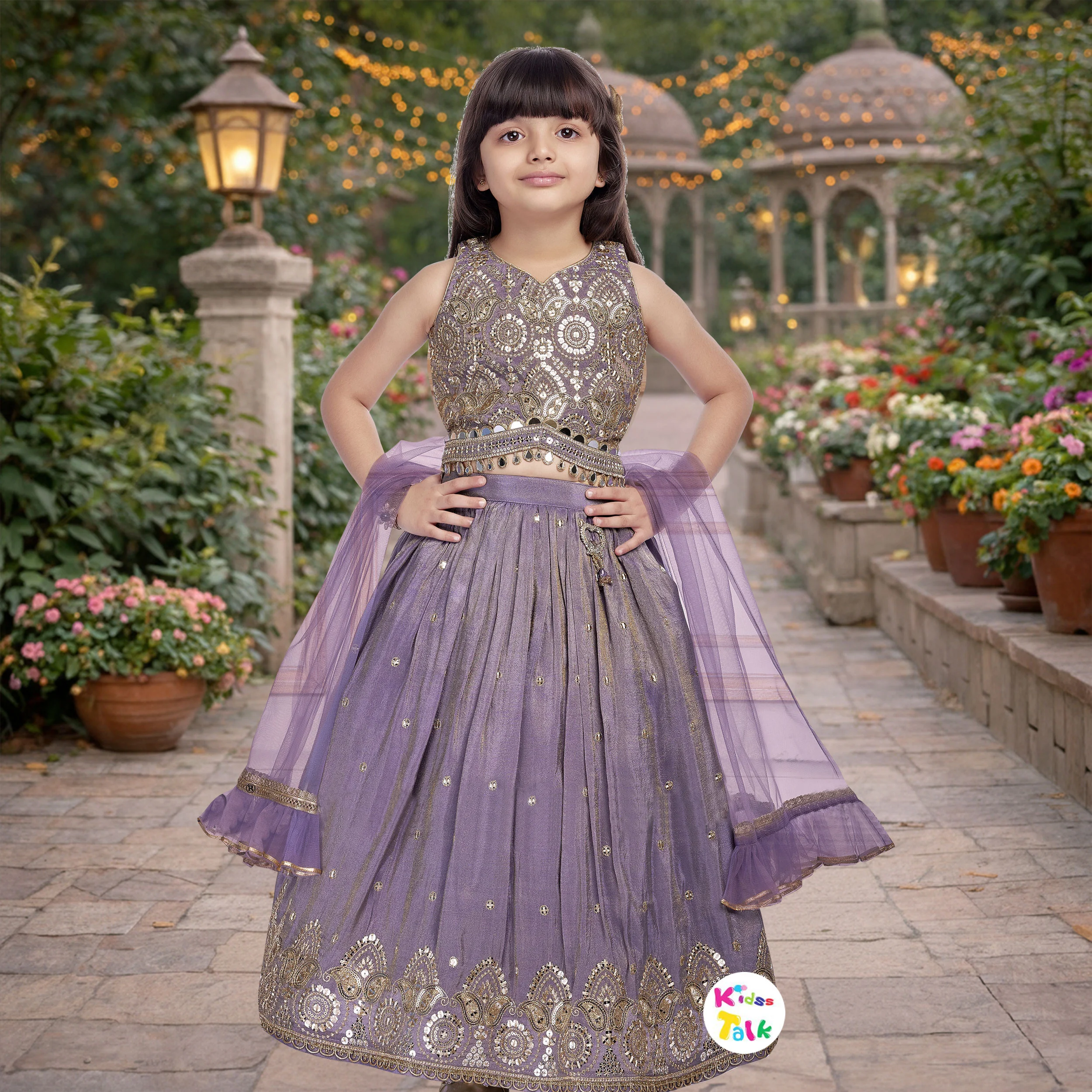 Silk Sleeveless Zardhoti Work Top With Choli & Dupatta - Lavender