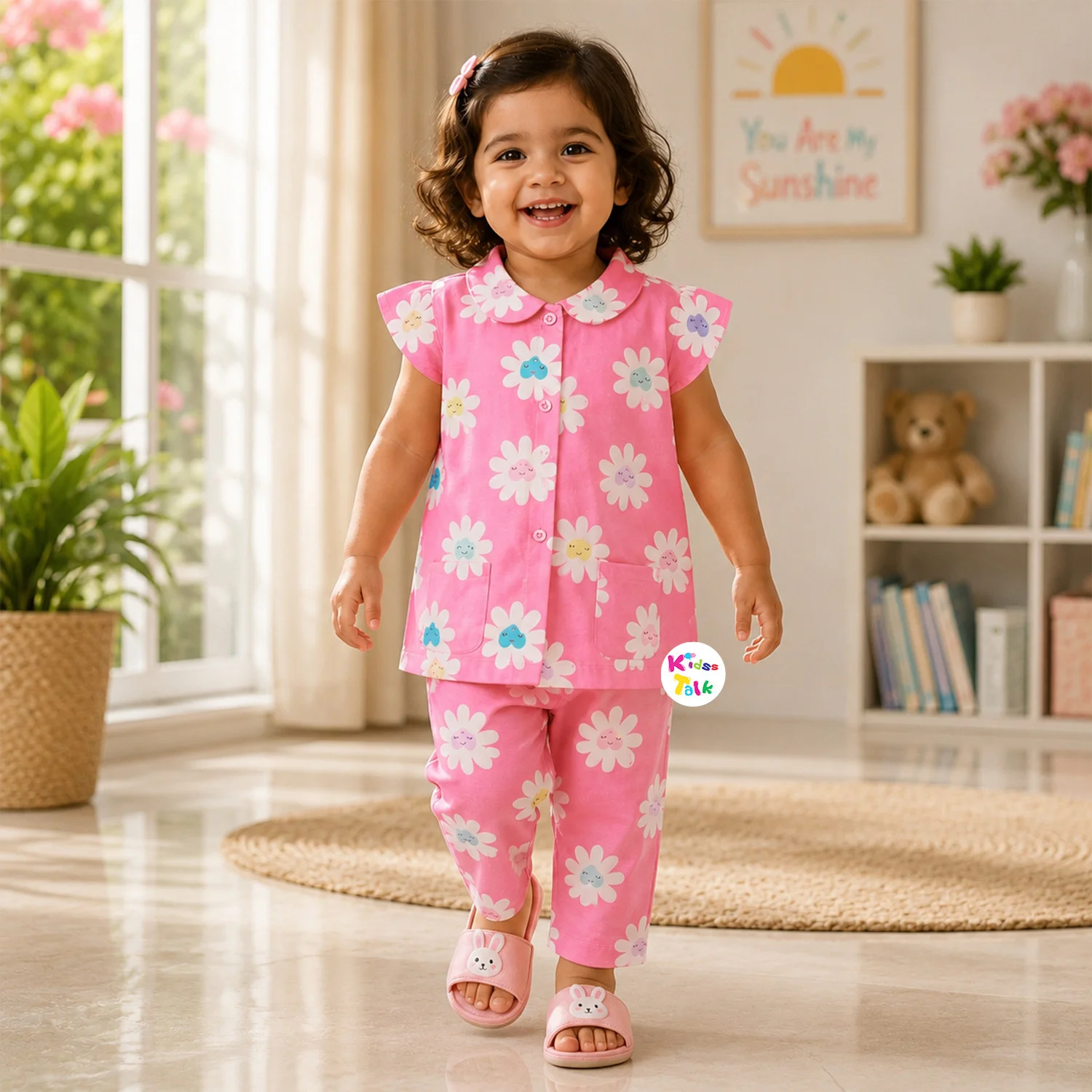 Cotton Half Sleeve Night Suit With Cute All Over Print - Baby Pink